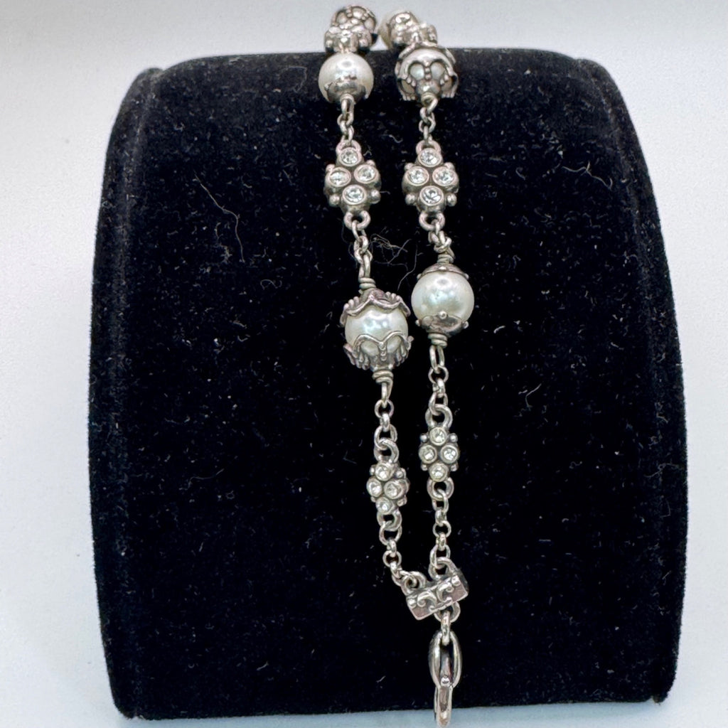 Retired Brighton Atma Double Strand Silver Toned Faux Pearls Rhinestone Bracelet