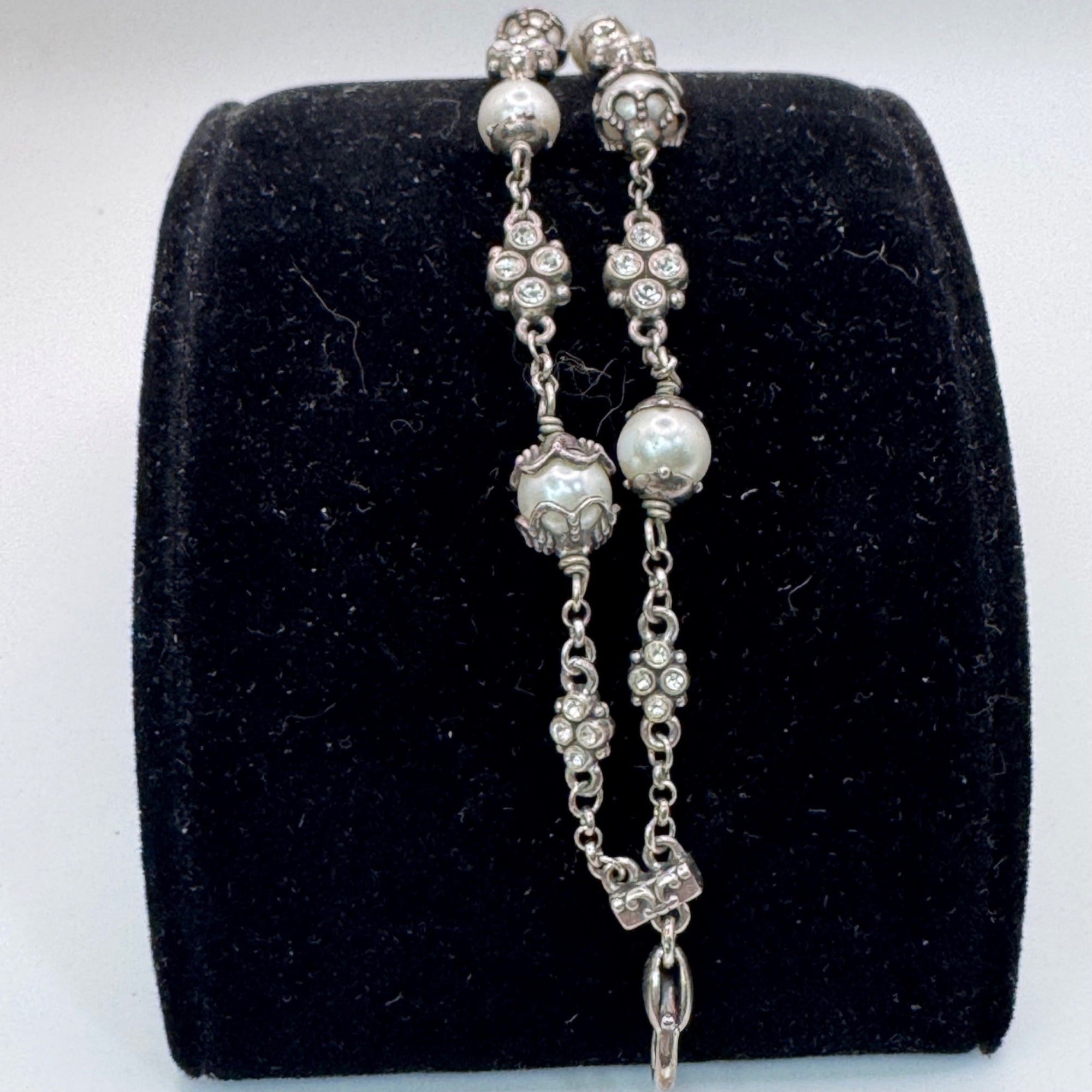 Retired Brighton Atma Double Strand Silver Toned Faux Pearls Rhinestone Bracelet