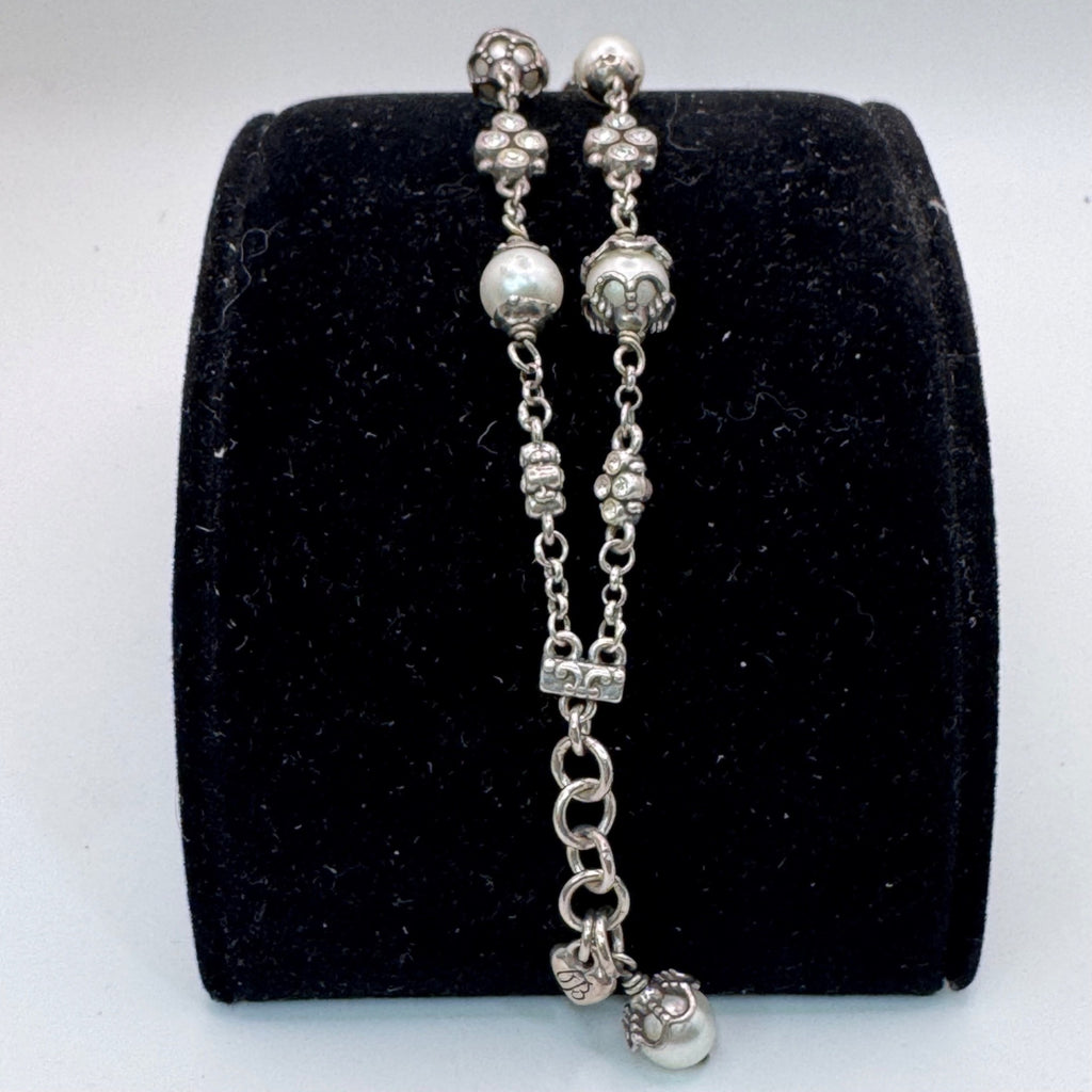 Retired Brighton Atma Double Strand Silver Toned Faux Pearls Rhinestone Bracelet