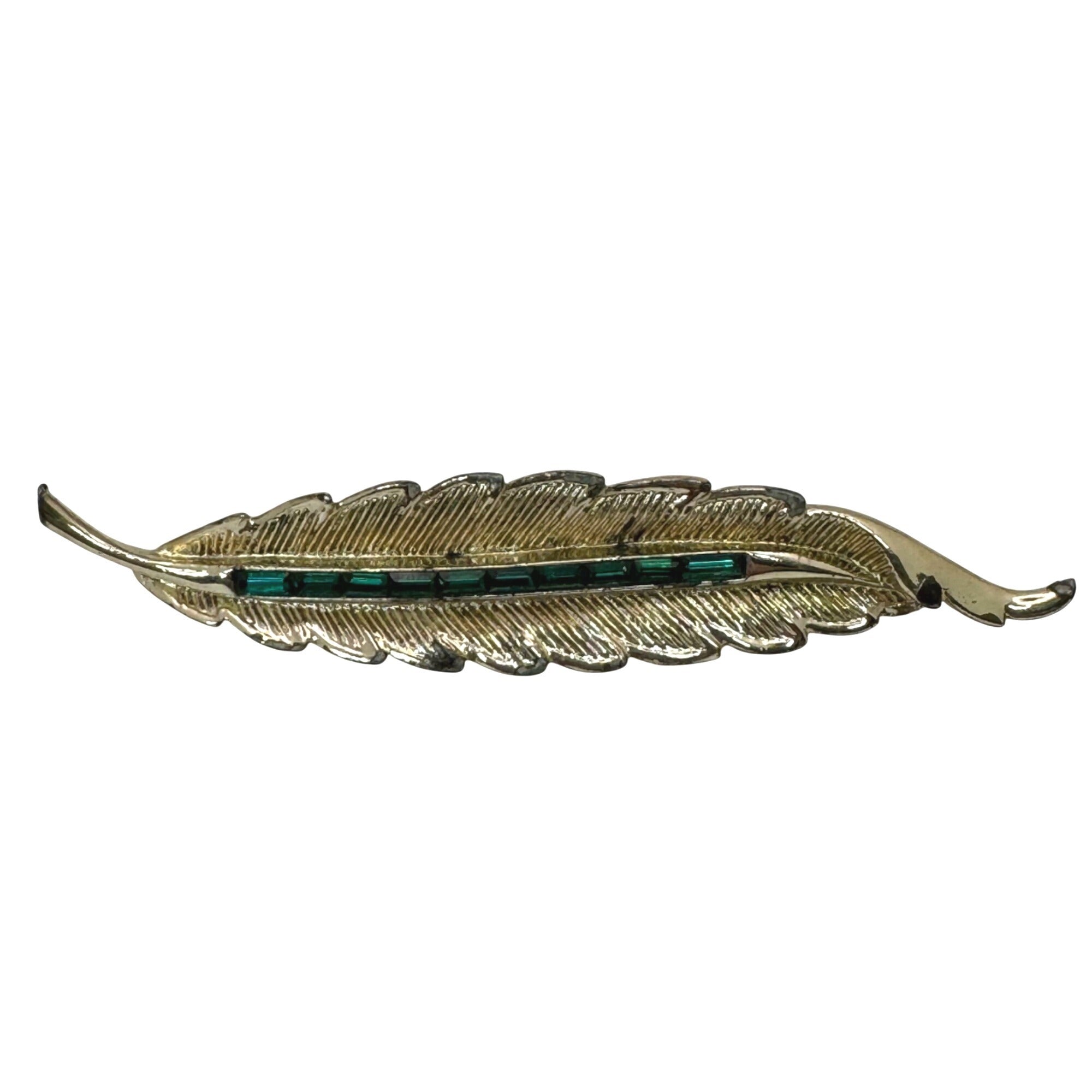 Vintage Coro Gold Tone Feather Brooch Emerald Green Baguette Rhinestones 3.5"