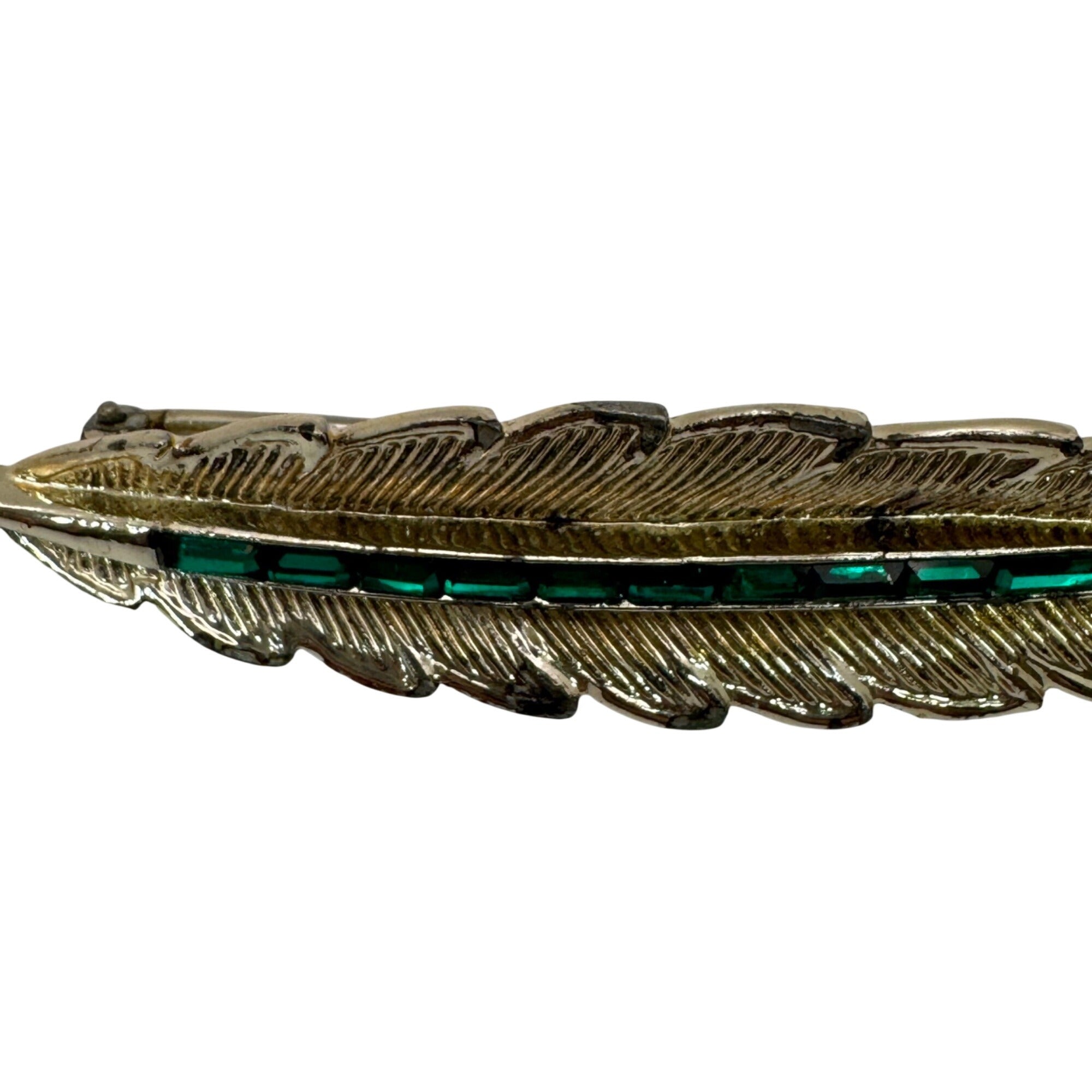 Vintage Coro Gold Tone Feather Brooch Emerald Green Baguette Rhinestones 3.5"