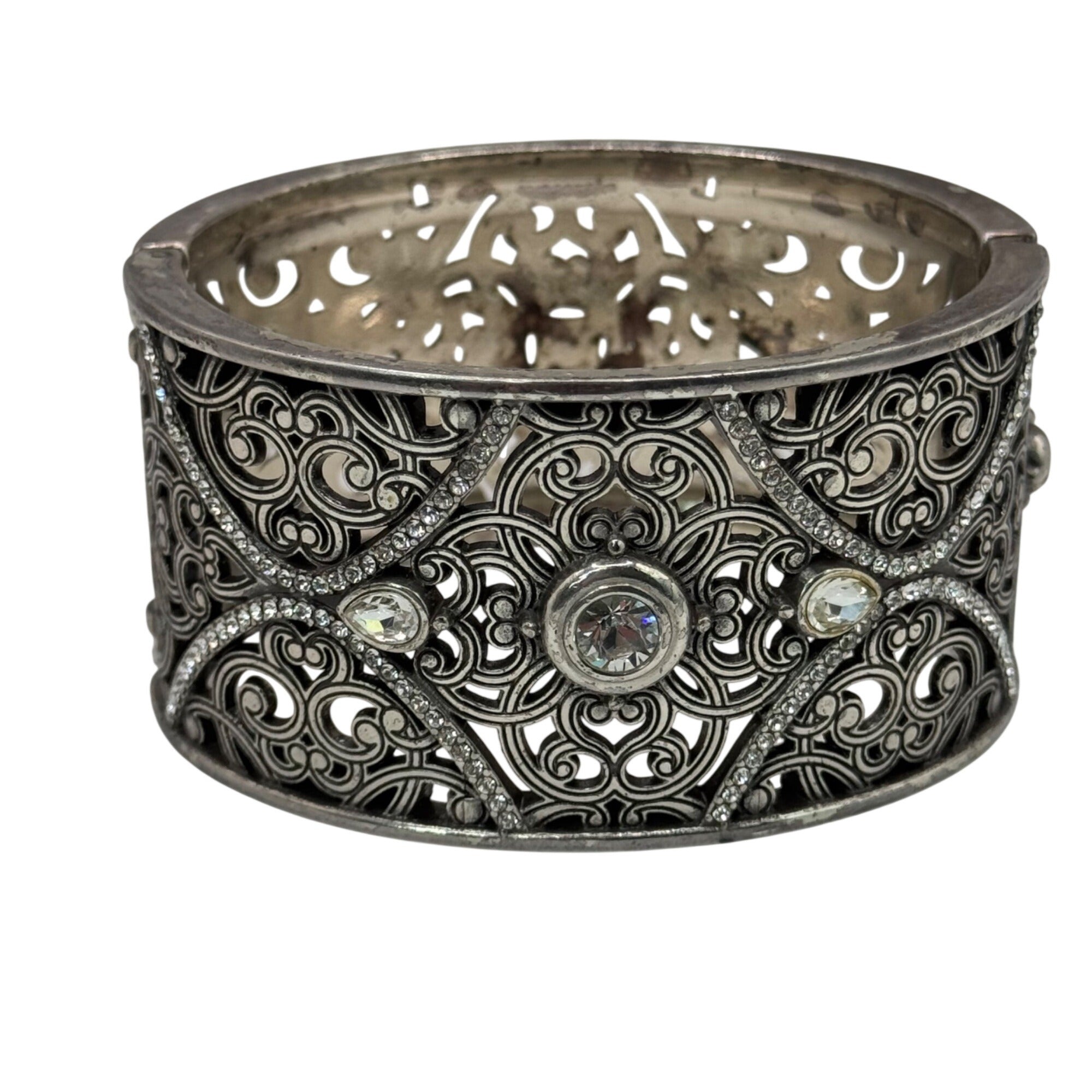 Brighton Mamounia Ornate Silver-Tone Filigree Bangle Bracelet Rhinestone Accents