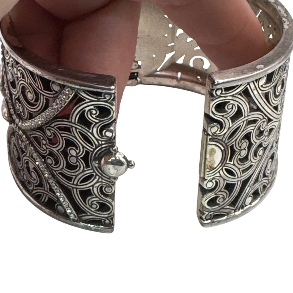 Brighton Mamounia Ornate Silver-Tone Filigree Bangle Bracelet Rhinestone Accents