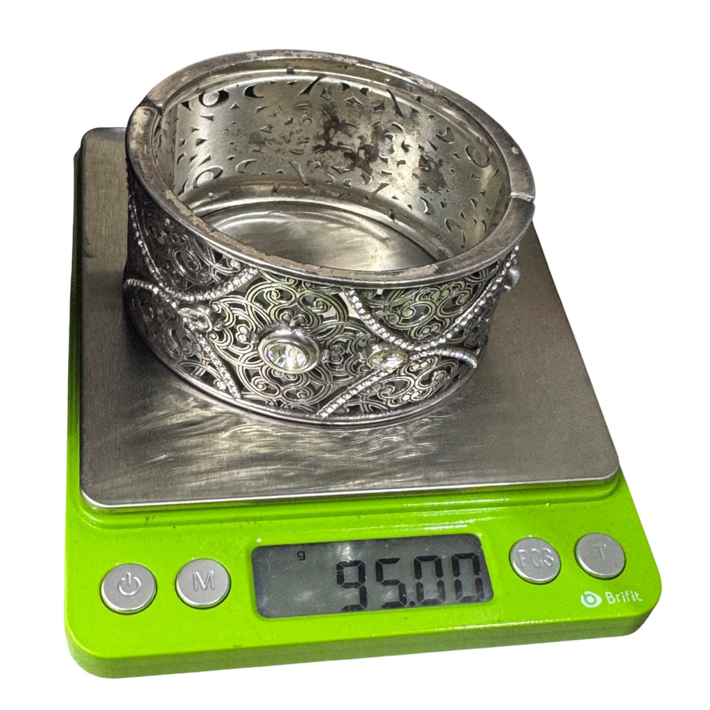 Brighton Mamounia Ornate Silver-Tone Filigree Bangle Bracelet Rhinestone Accents