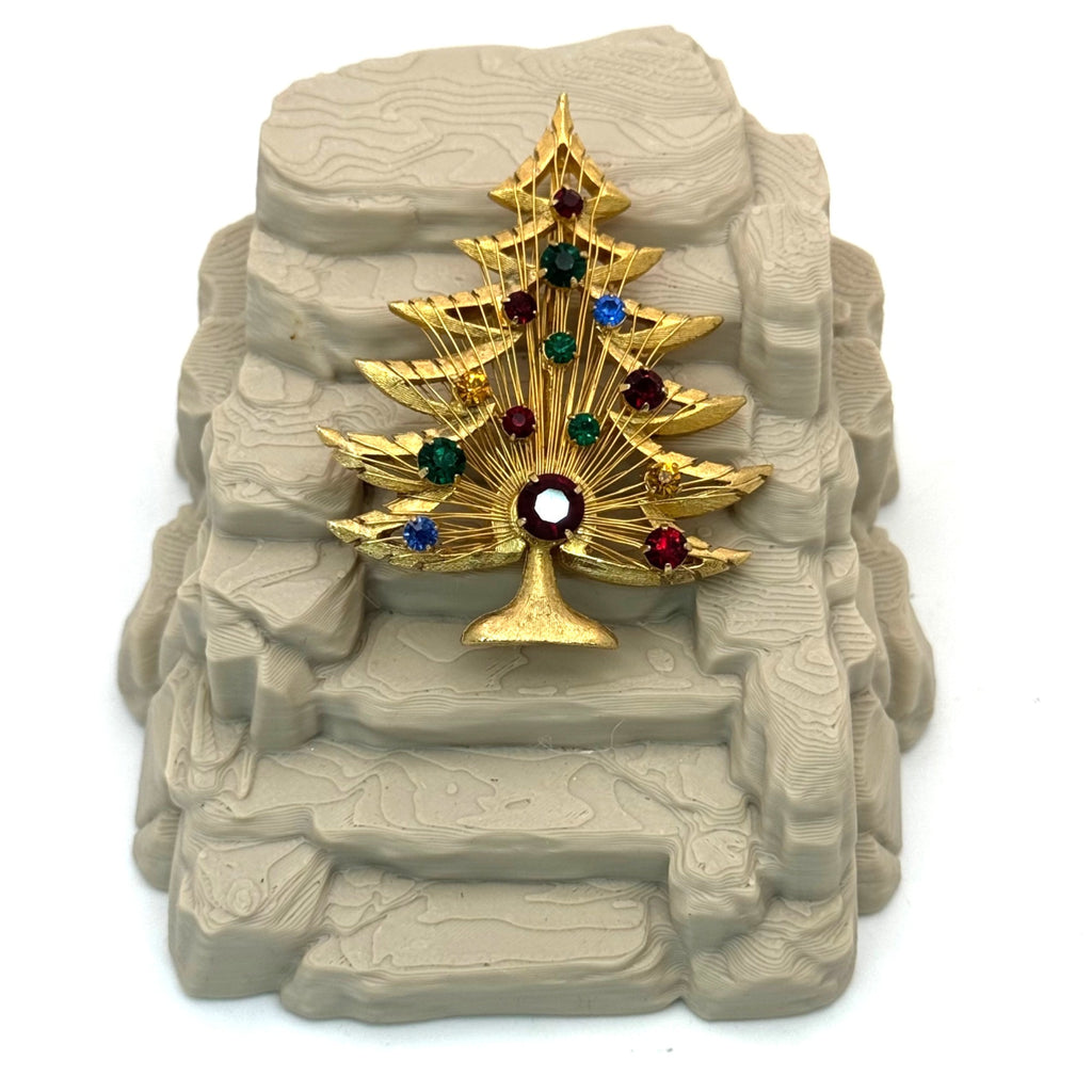 Brooks Christmas Tree Brooch Pin Multicolor Rhinestones Goldtone Holiday Jewelry