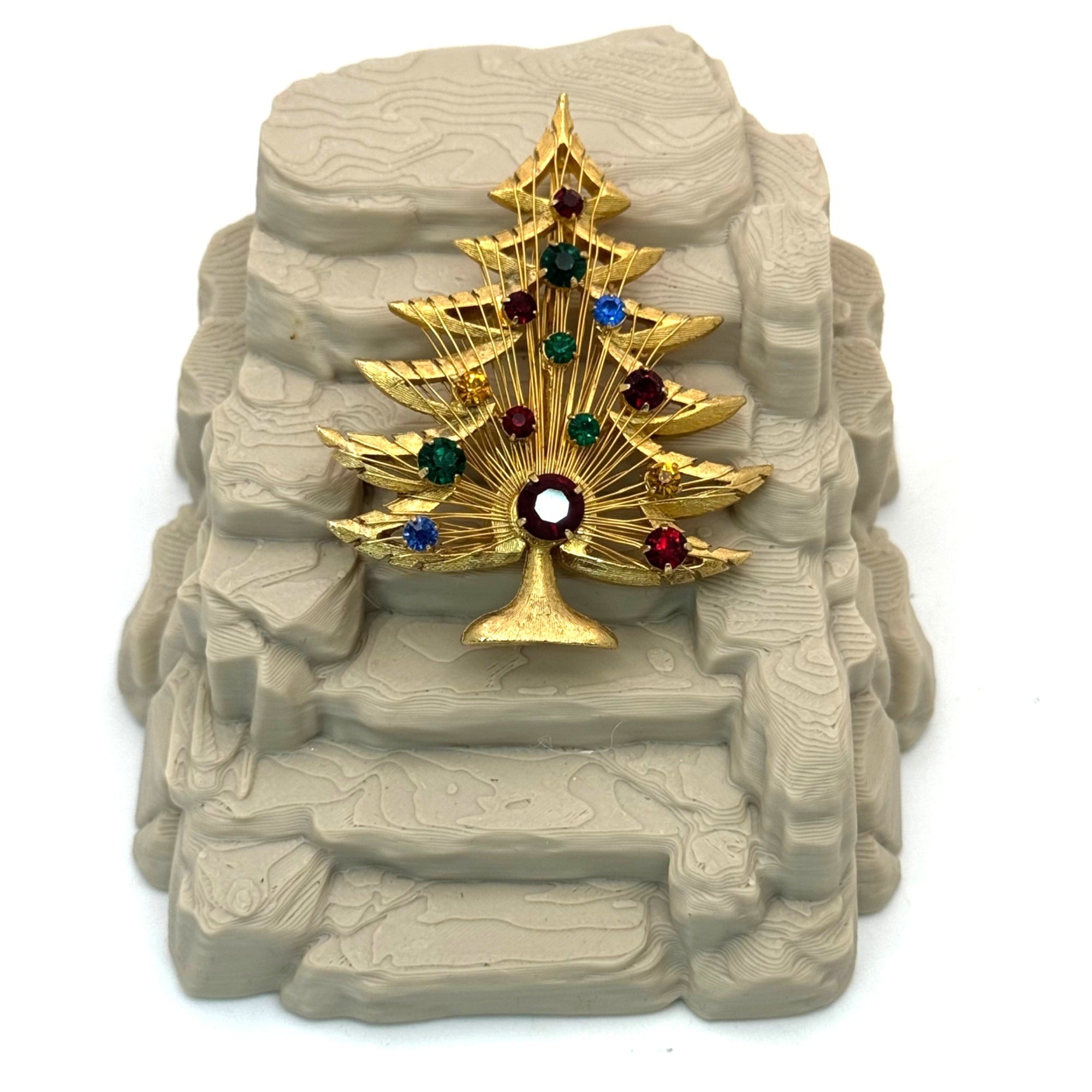 Brooks Christmas Tree Brooch Pin Multicolor Rhinestones Goldtone Holiday Jewelry