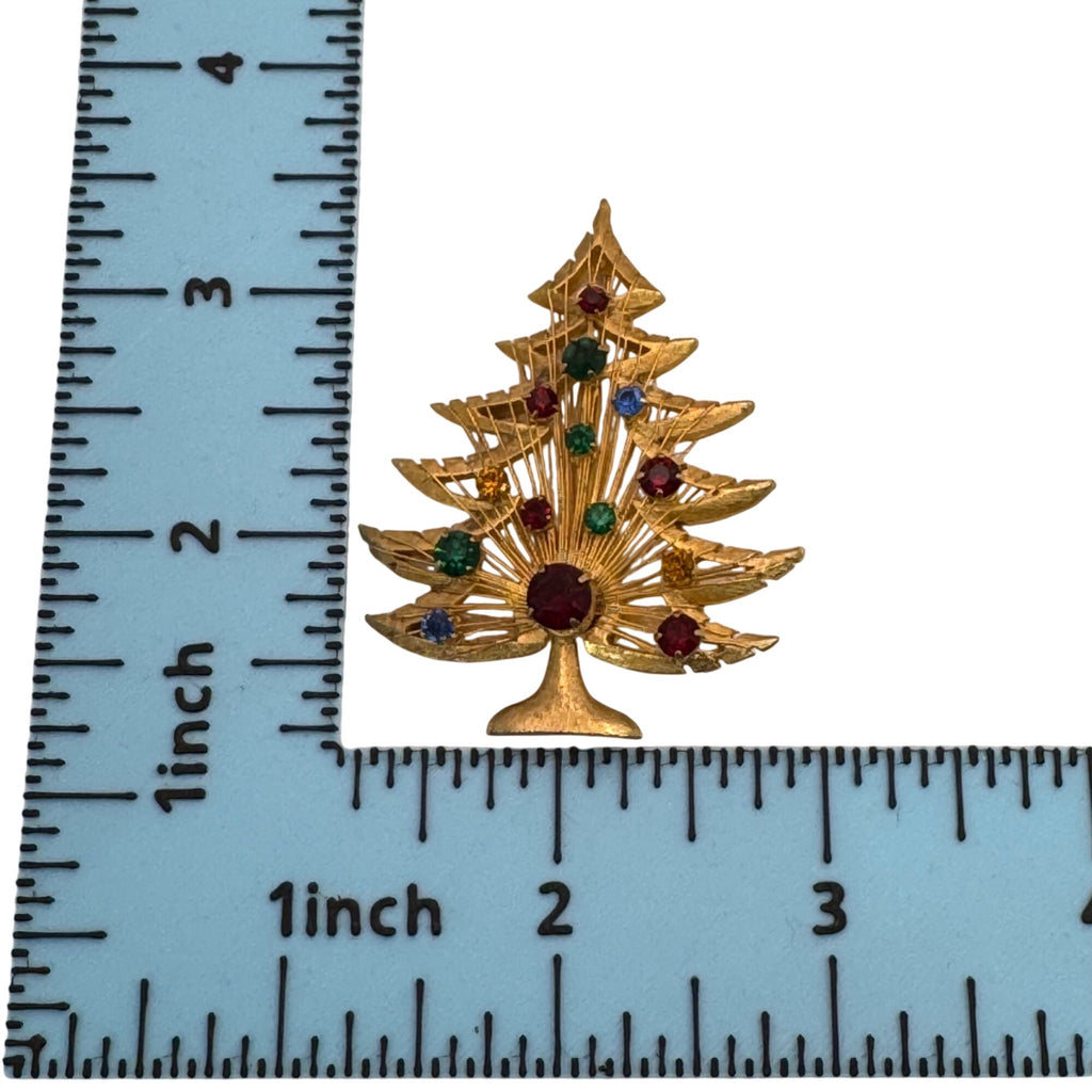 Brooks Christmas Tree Brooch Pin Multicolor Rhinestones Goldtone Holiday Jewelry