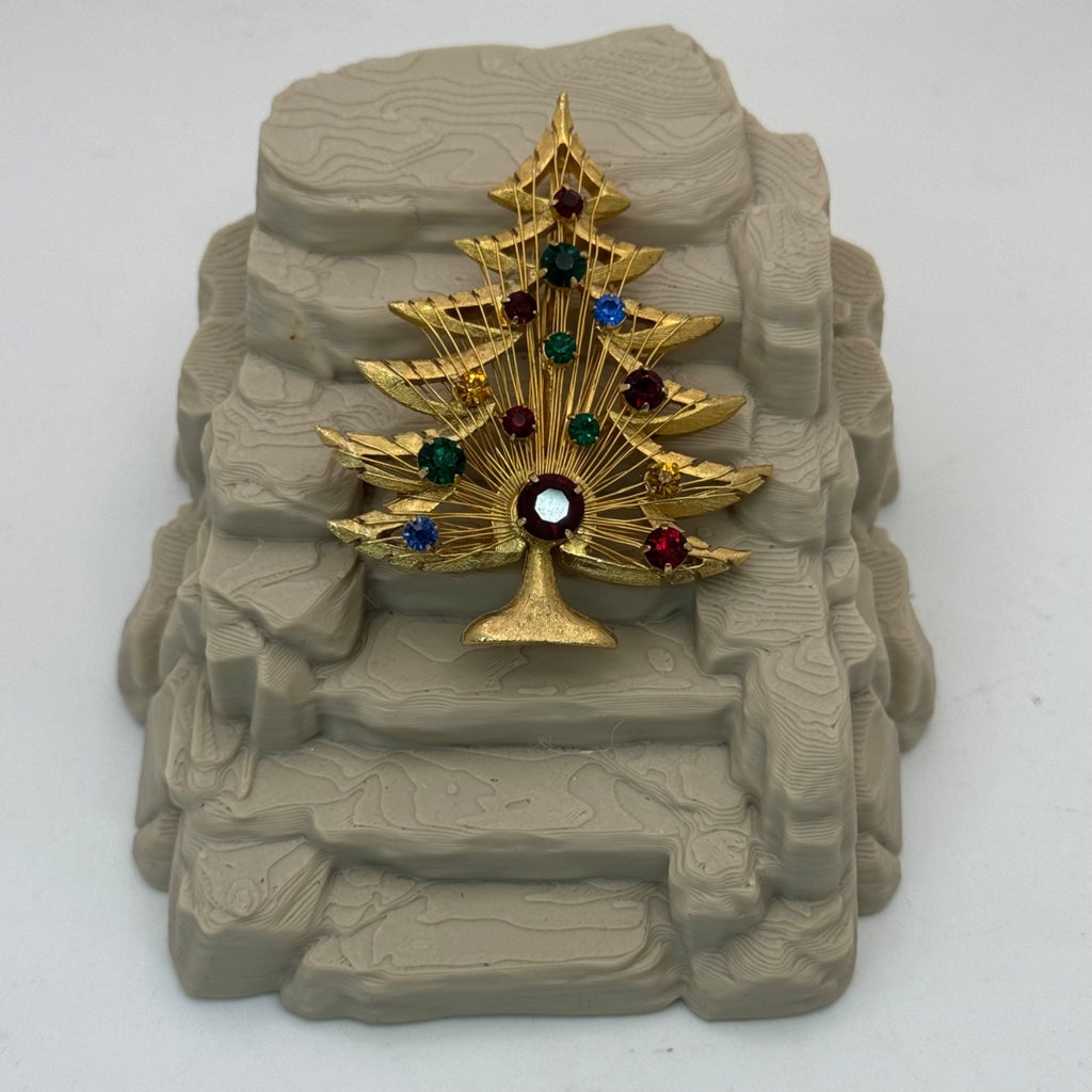 Brooks Christmas Tree Brooch Pin Multicolor Rhinestones Goldtone Holiday Jewelry