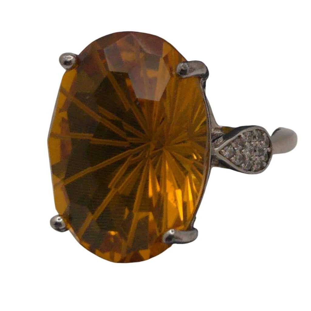 Citrine Statement Gemstone Ring Sterling Silver Band & Rhinestone Accents 6 Oval