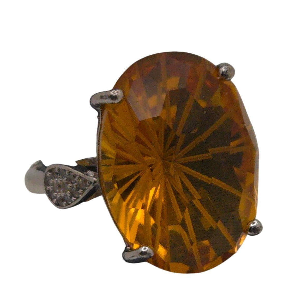 Citrine Statement Gemstone Ring Sterling Silver Band & Rhinestone Accents 6 Oval