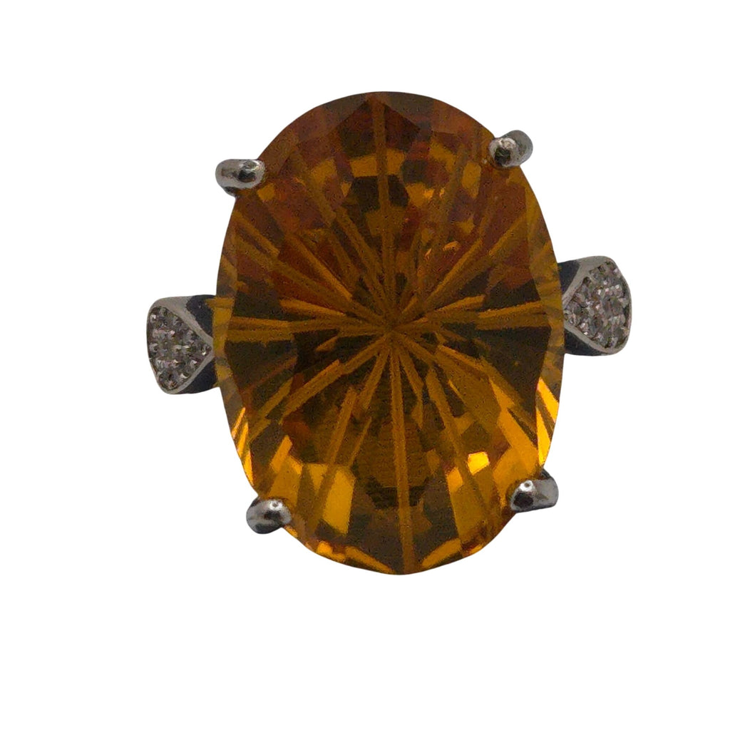 Citrine Statement Gemstone Ring Sterling Silver Band & Rhinestone Accents 6 Oval