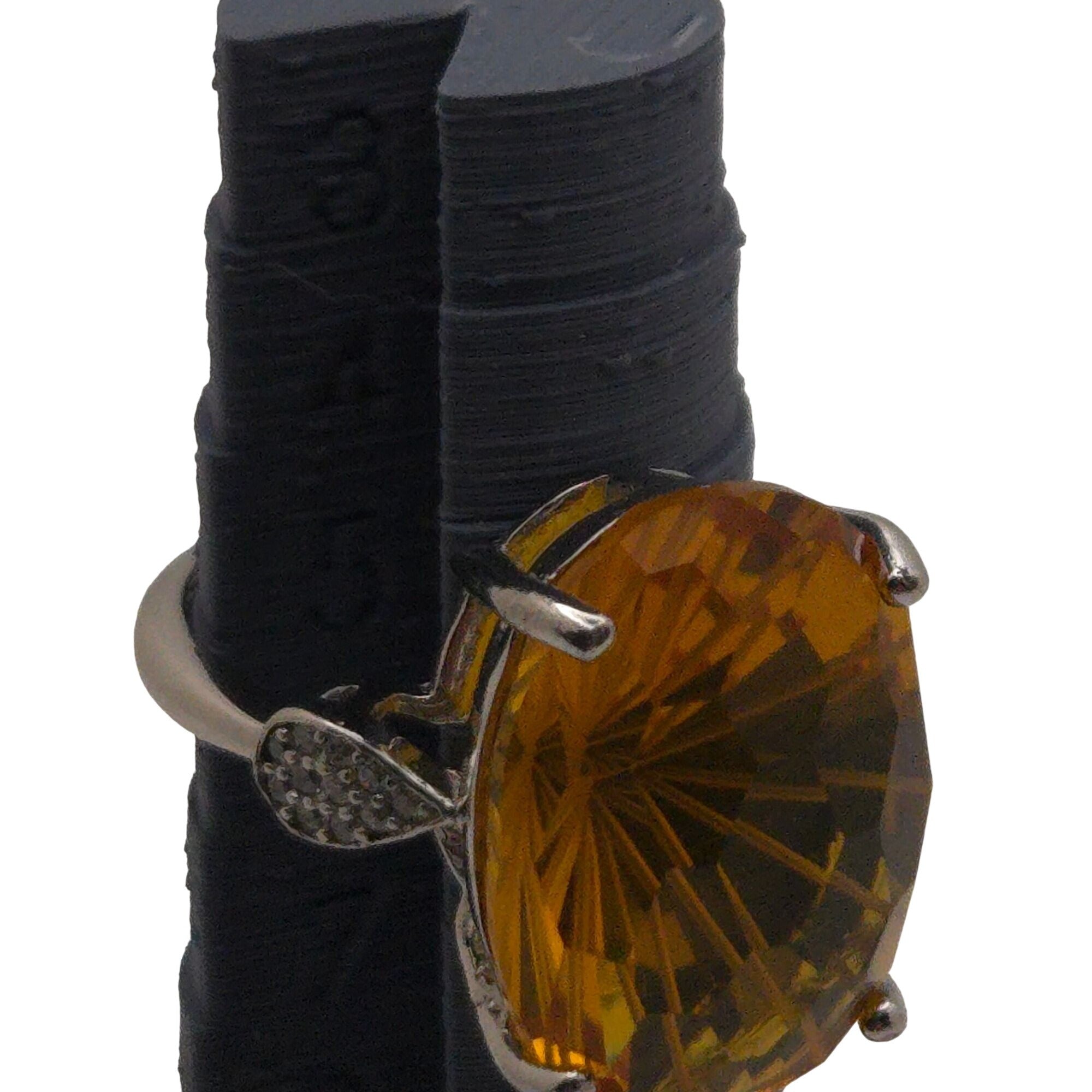 Citrine Statement Gemstone Ring Sterling Silver Band & Rhinestone Accents 6 Oval