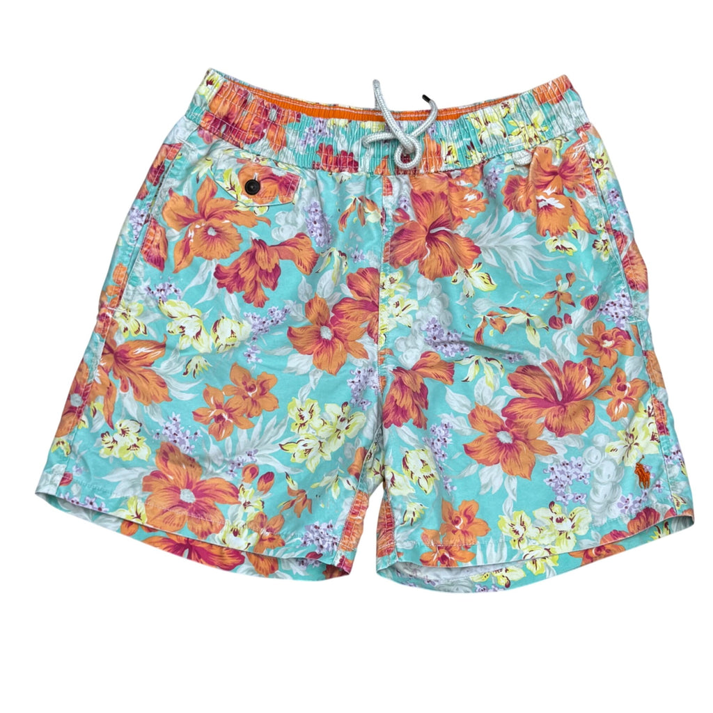 Polo Ralph Lauren Mens Tropical Floral Swim Trunks Small Mesh Lining Blue & Orange