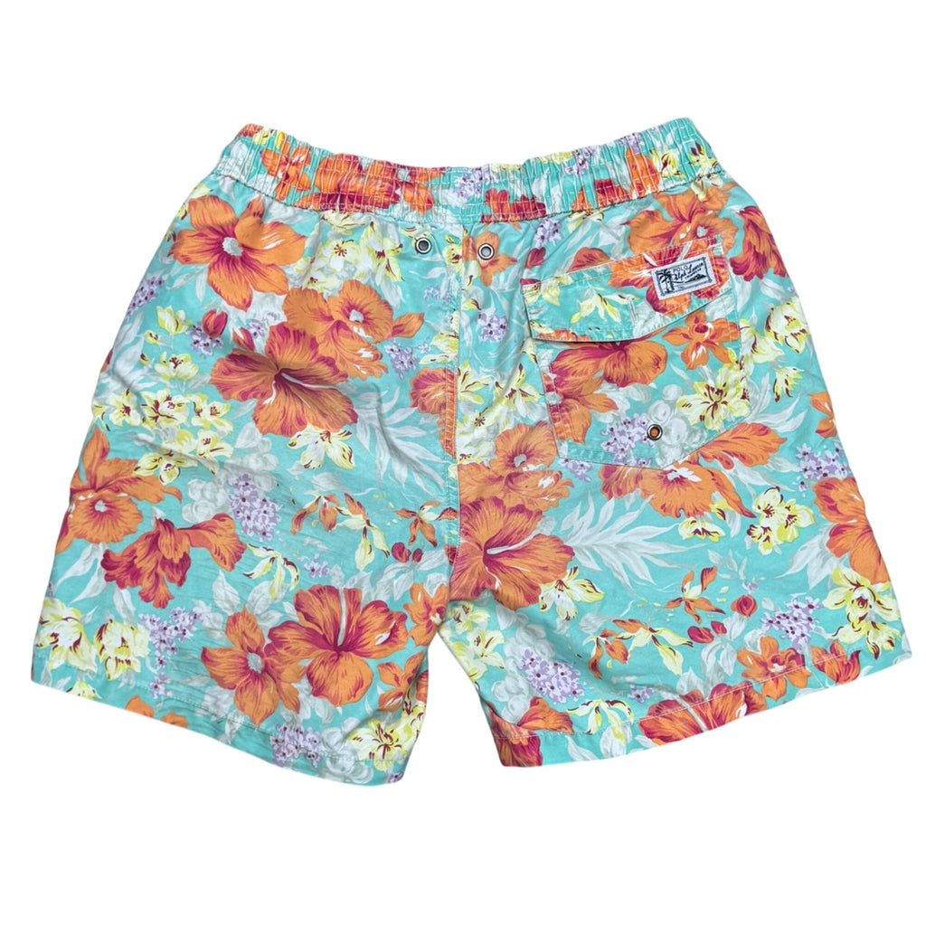 Polo Ralph Lauren Mens Tropical Floral Swim Trunks Small Mesh Lining Blue & Orange