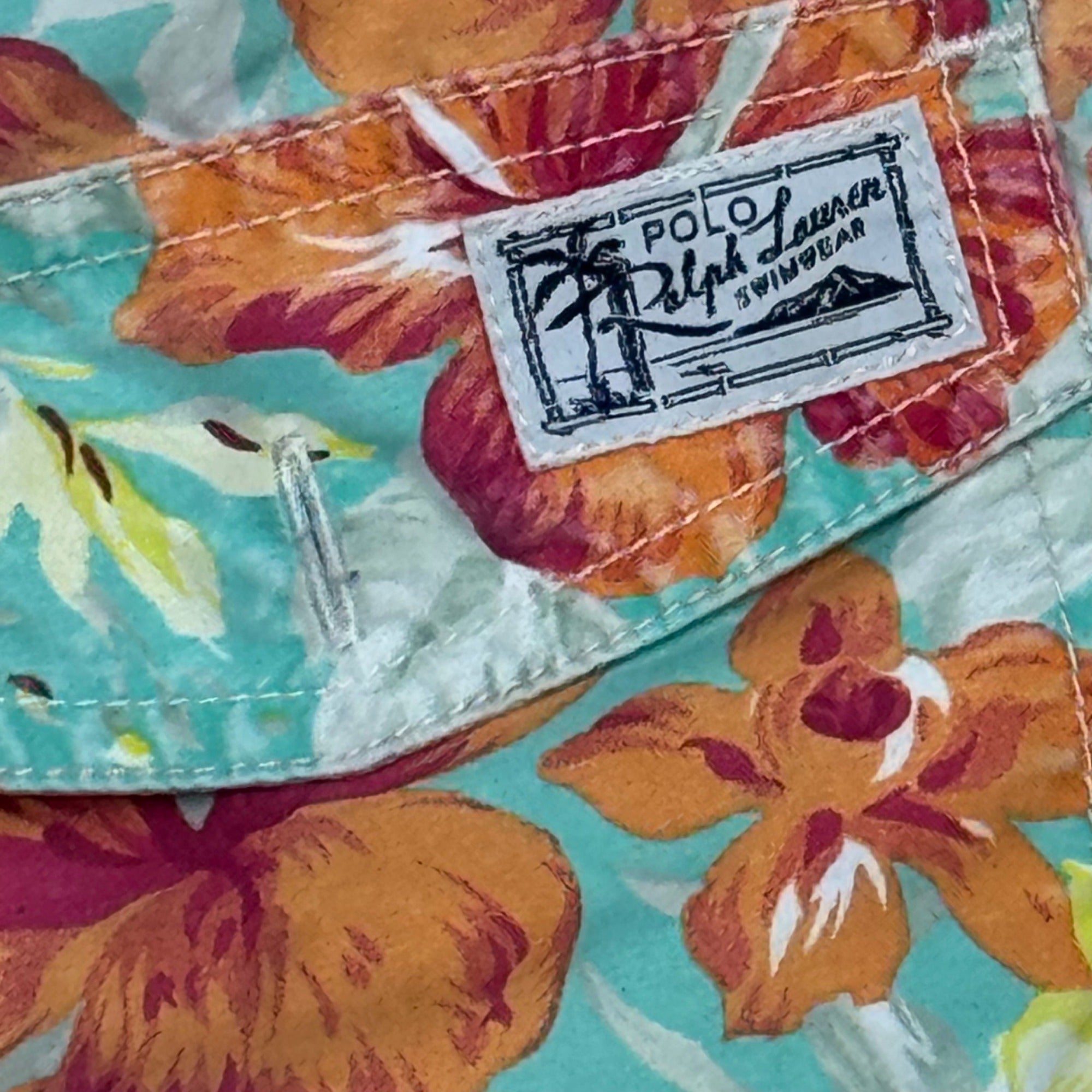 Polo Ralph Lauren Mens Tropical Floral Swim Trunks Small Mesh Lining Blue & Orange
