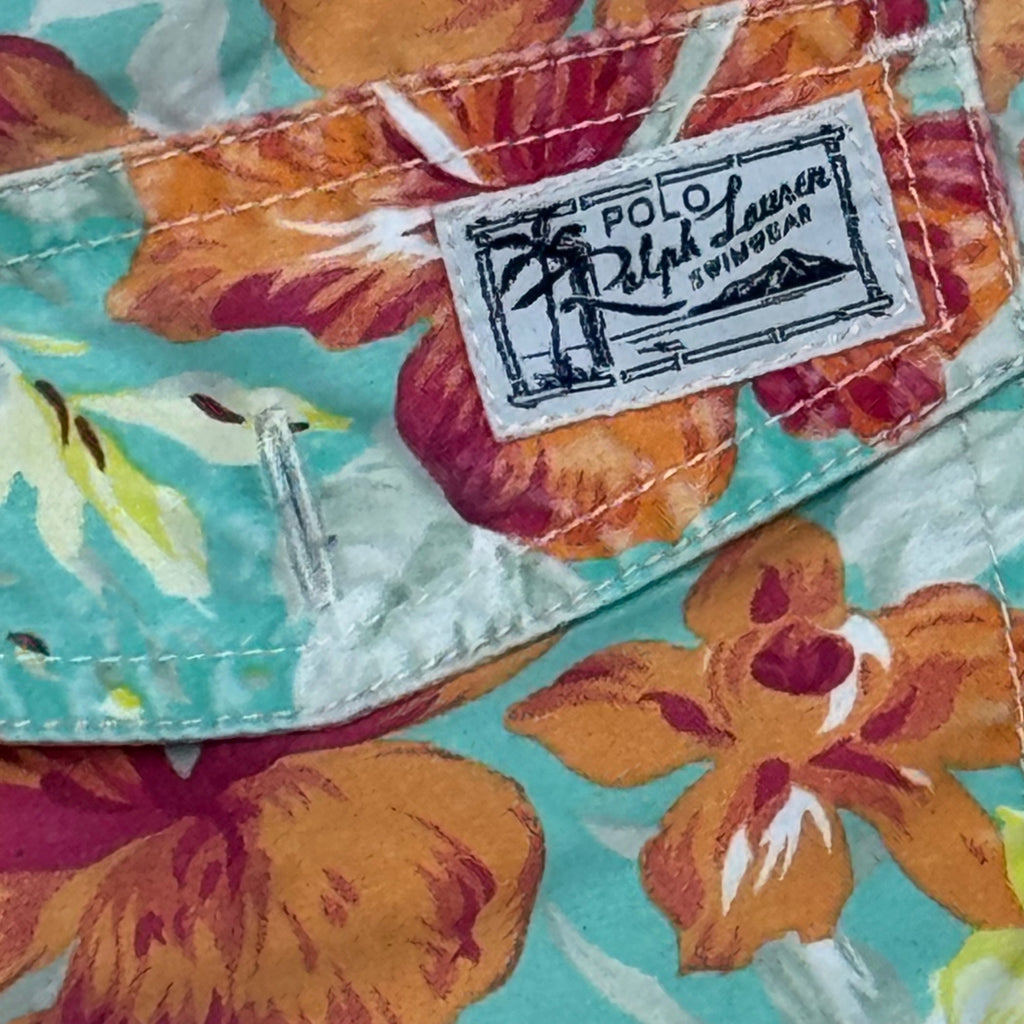 Polo Ralph Lauren Mens Tropical Floral Swim Trunks Small Mesh Lining Blue & Orange