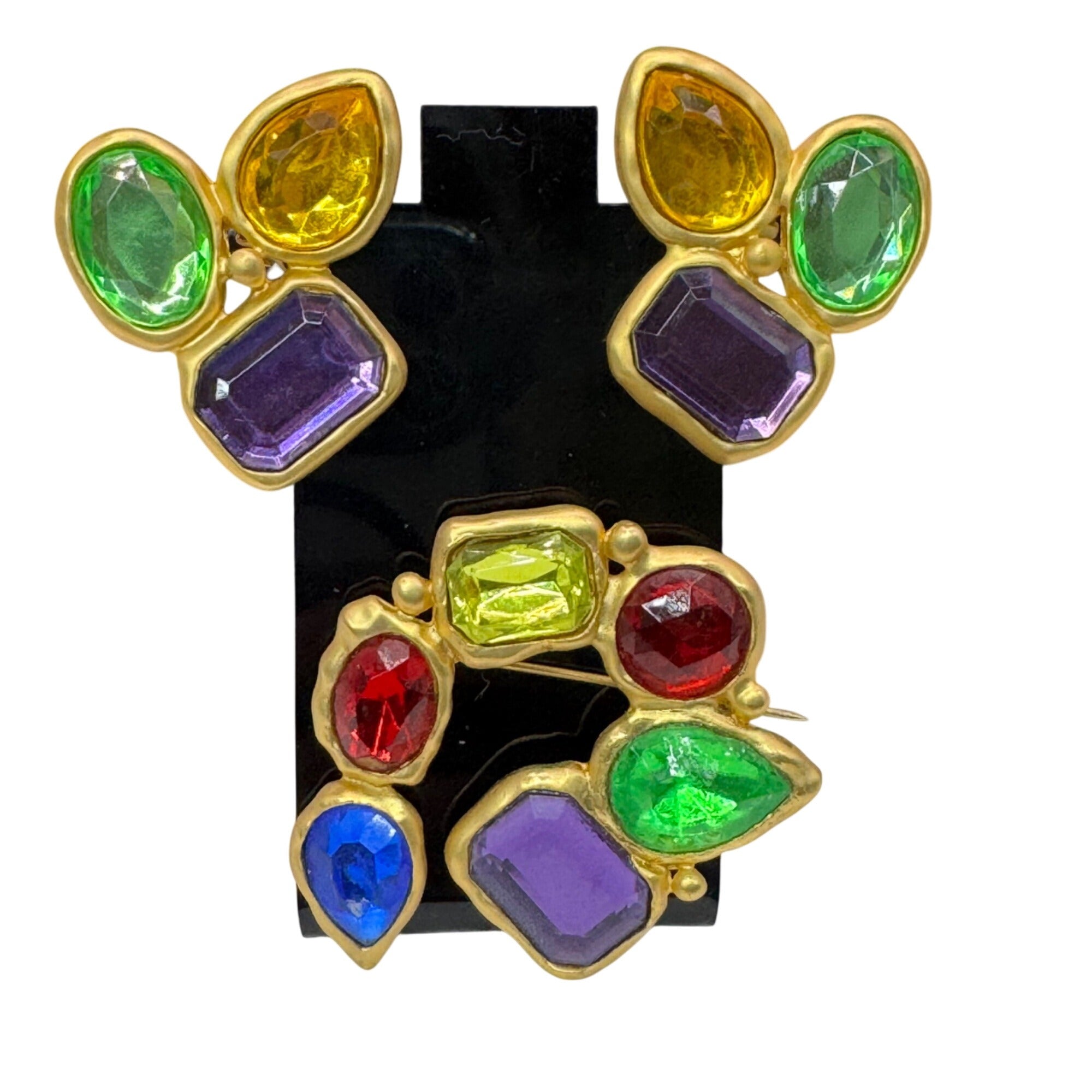 Vintage Park Lane Gold-Tone Multicolor Gemstone Brooch Clip-On Earrings Set Boho