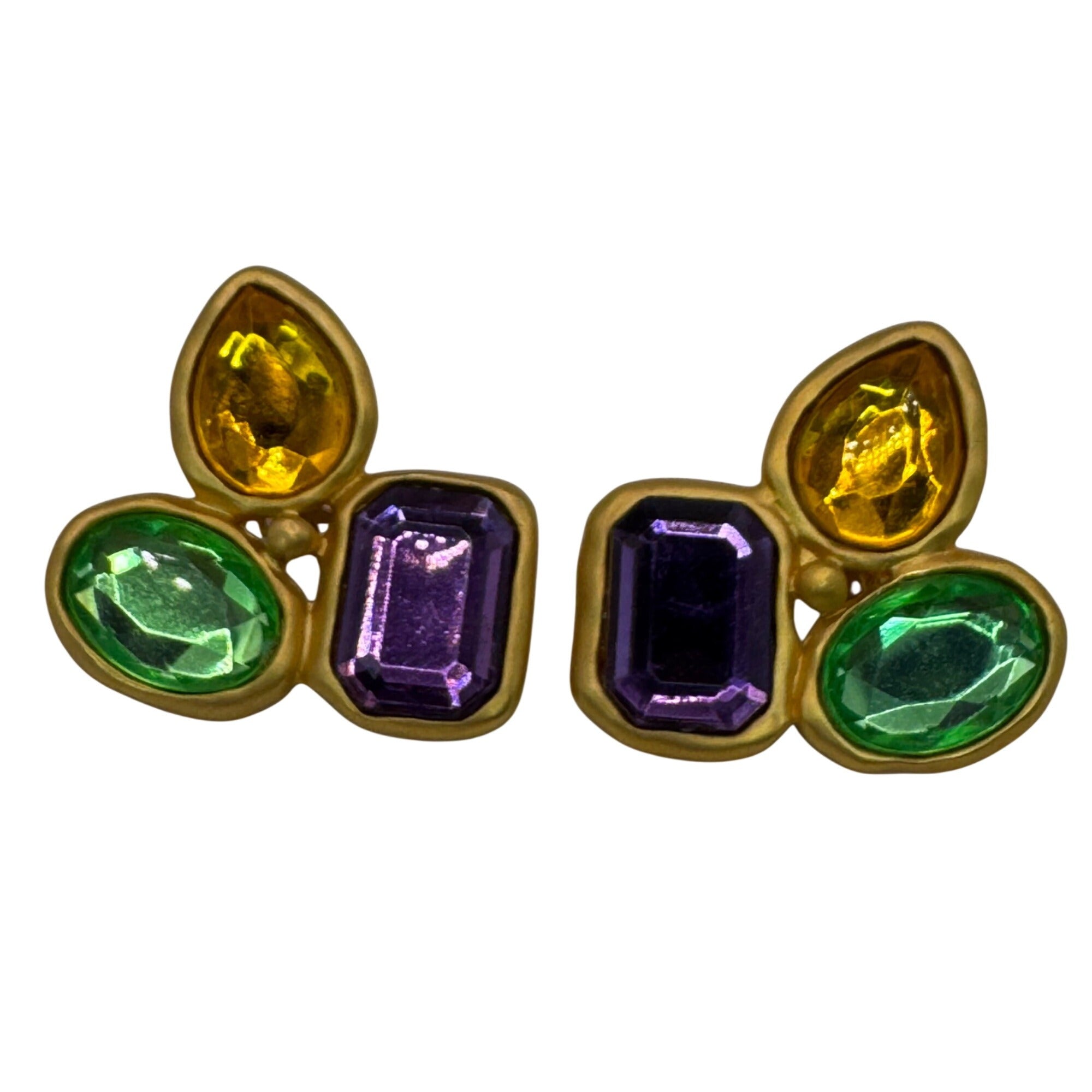 Vintage Park Lane Gold-Tone Multicolor Gemstone Brooch Clip-On Earrings Set Boho