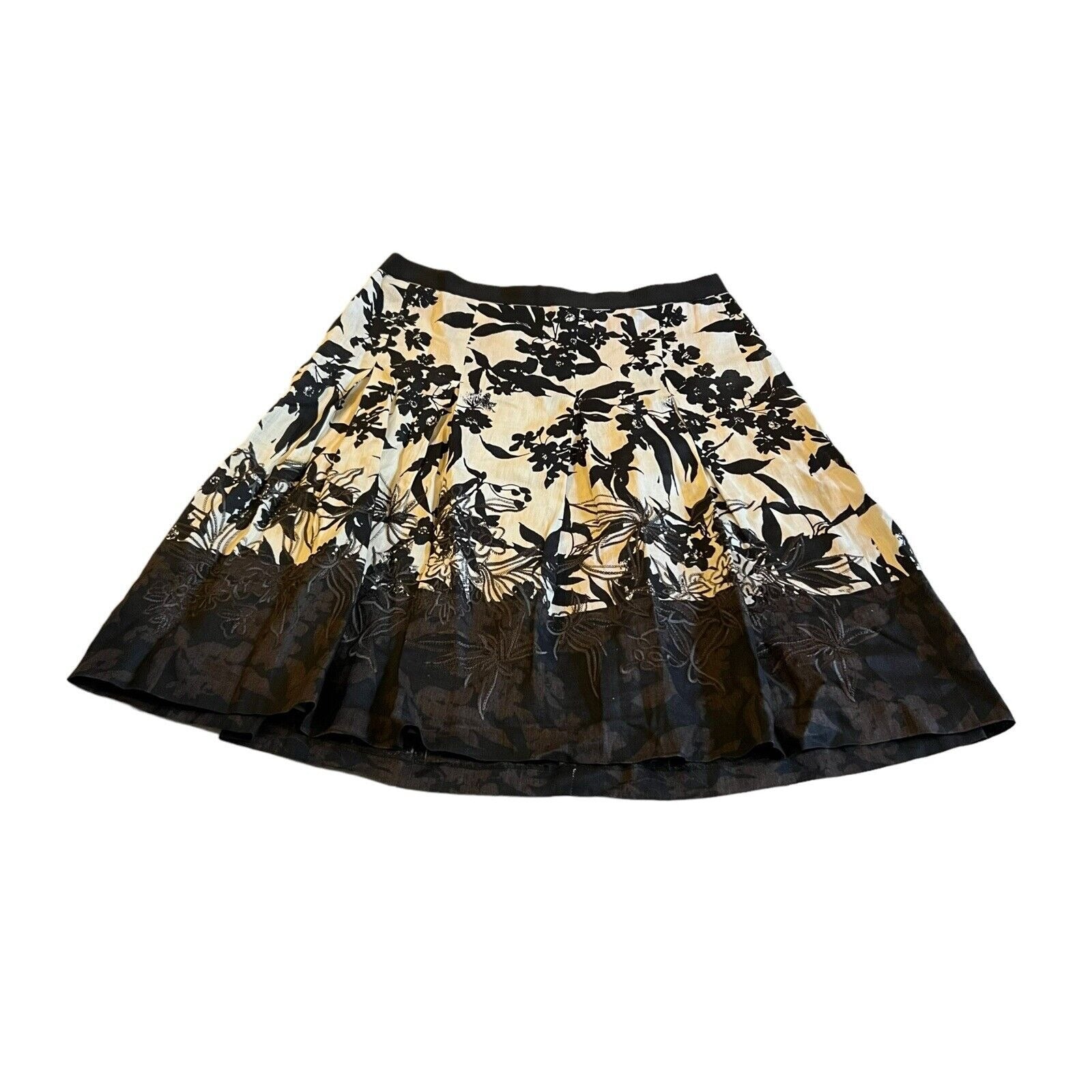 Ann Taylor Black Floral Lined Skirt Sz 10 Casual A Line Zip Up Whimsy Goth Linen