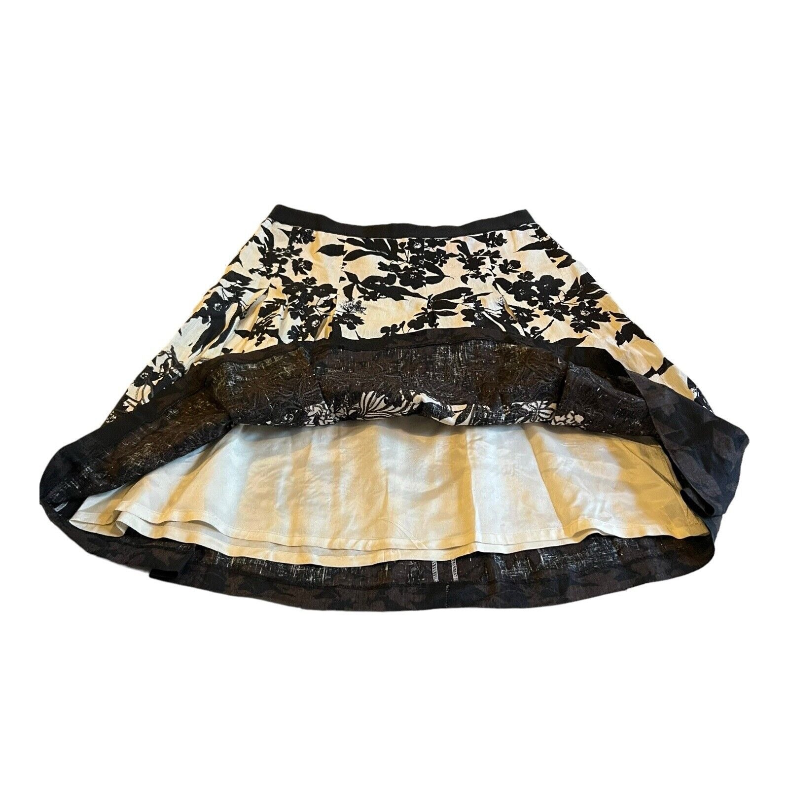 Ann Taylor Black Floral Lined Skirt Sz 10 Casual A Line Zip Up Whimsy Goth Linen
