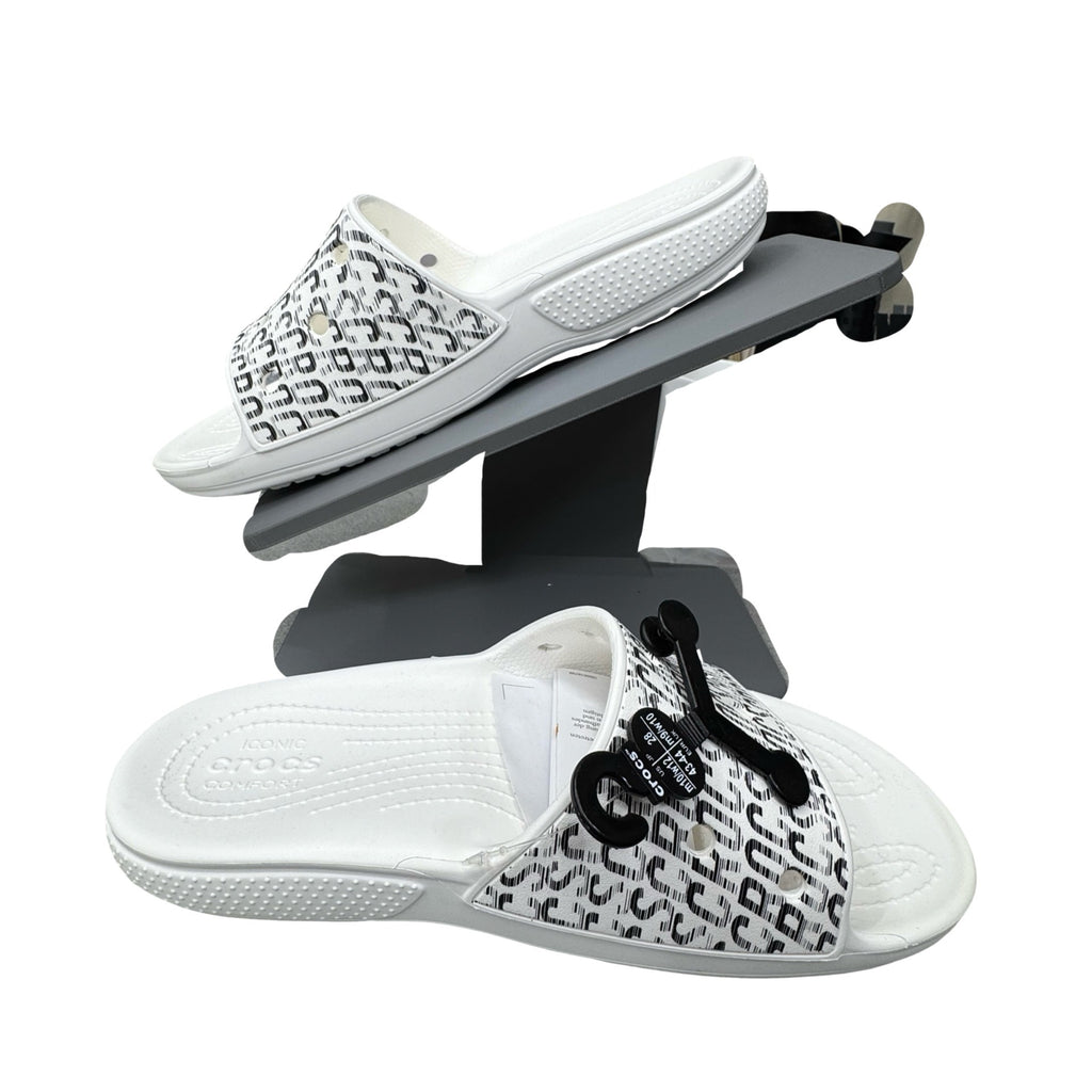 Crocs Classic Logo Motion White Slides Black Logo Print Mens 10 Womens 12