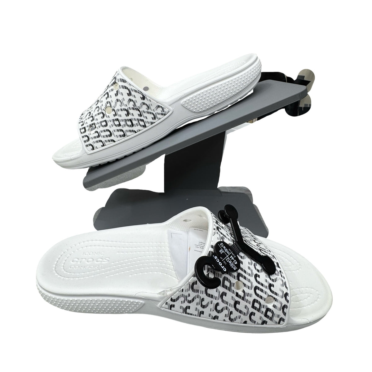 Crocs Classic Logo Motion White Slides Black Logo Print Mens 10 Womens 12