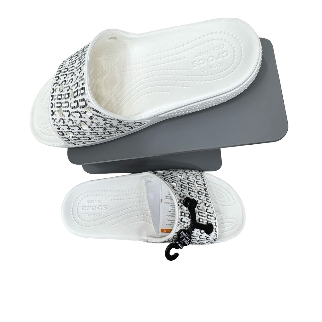 Crocs Classic Logo Motion White Slides Black Logo Print Mens 10 Womens 12