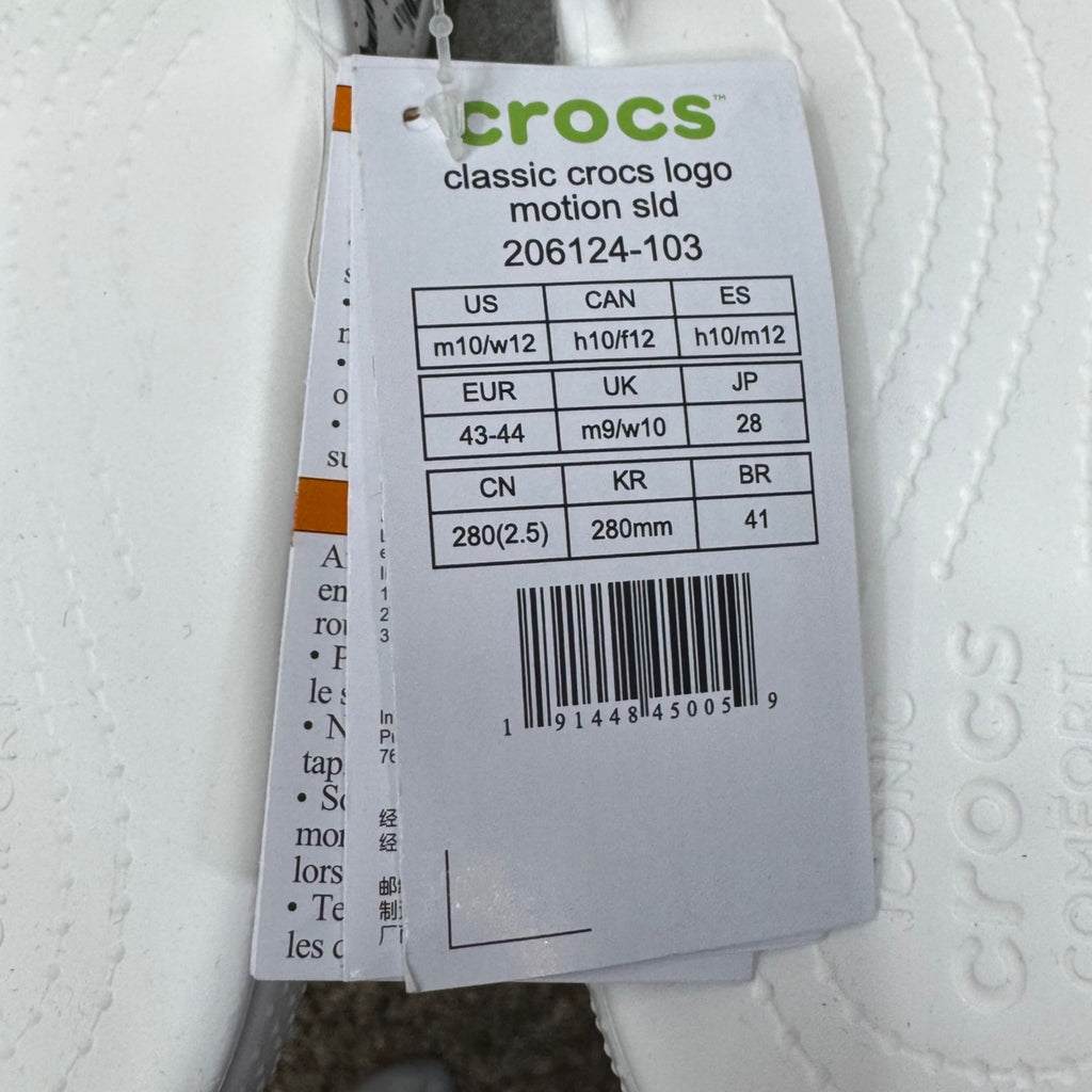 Crocs Classic Logo Motion White Slides Black Logo Print Mens 10 Womens 12