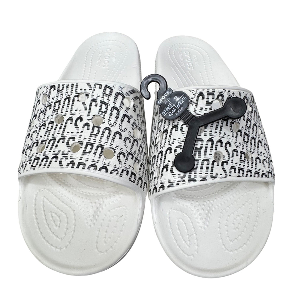 Crocs Classic Logo Motion White Slides Black Logo Print Mens 10 Womens 12