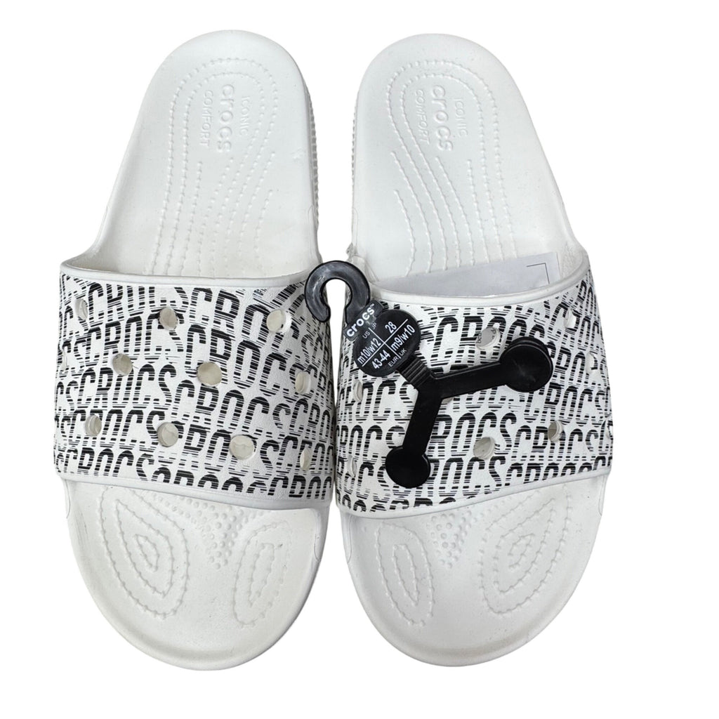Crocs Classic Logo Motion White Slides Black Logo Print Mens 10 Womens 12