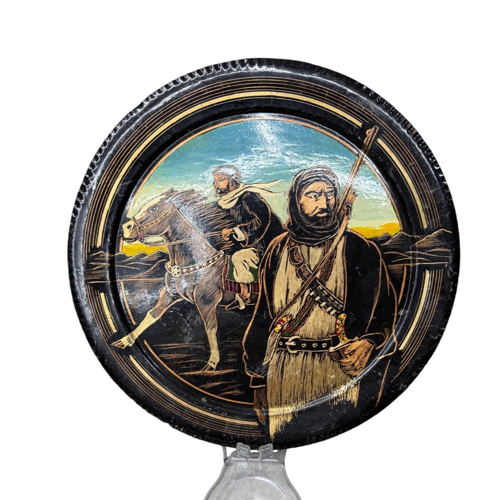 Middle Eastern Decorative Wall Plate Hand Hammered Painted Warrior & Horse 12"