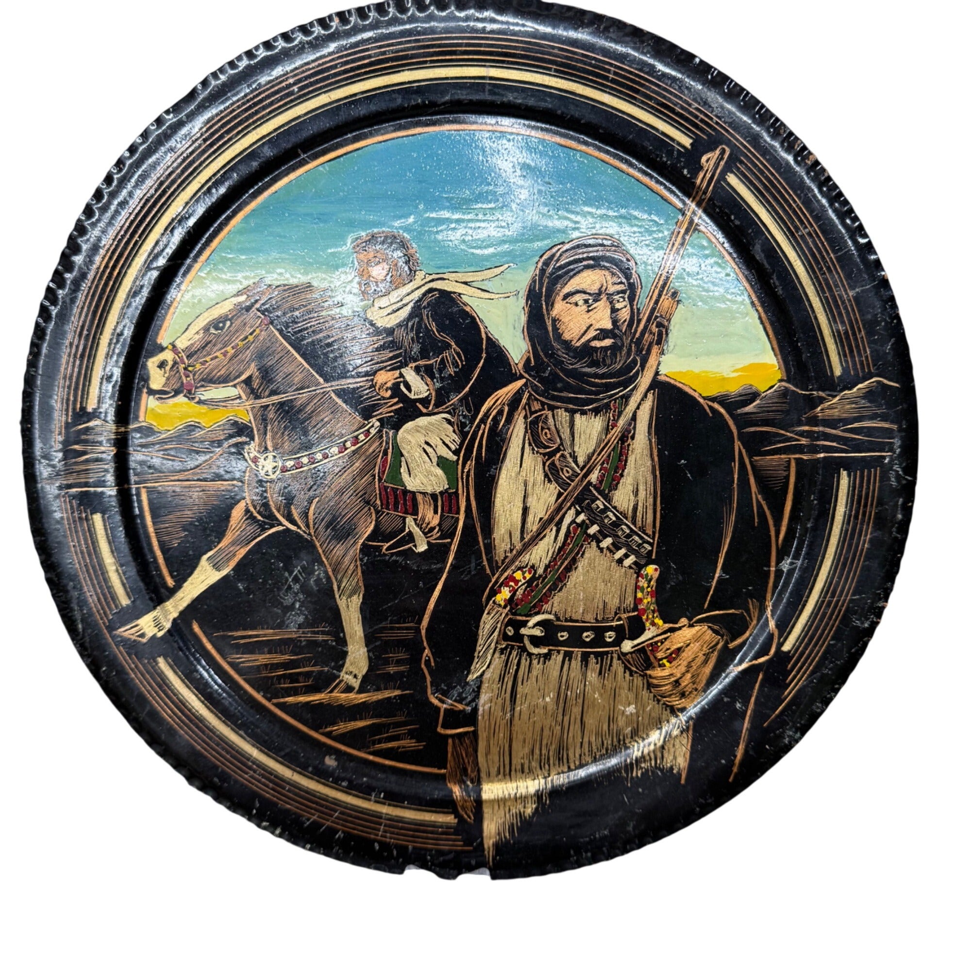 Middle Eastern Decorative Wall Plate Hand Hammered Painted Warrior & Horse 12"