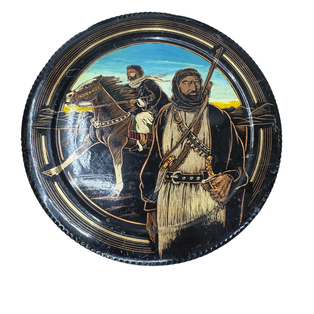 Middle Eastern Decorative Wall Plate Hand Hammered Painted Warrior & Horse 12"