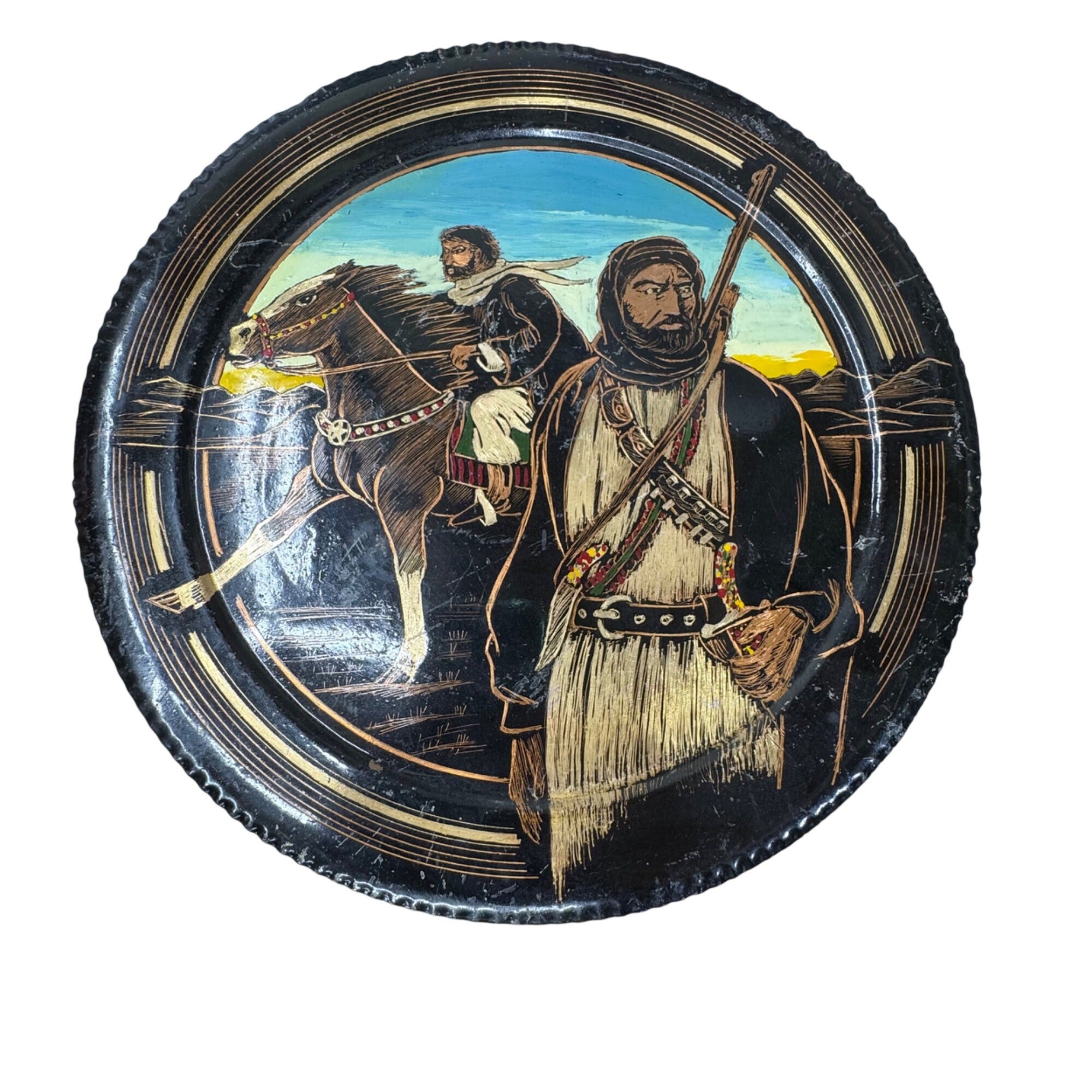 Middle Eastern Decorative Wall Plate Hand Hammered Painted Warrior & Horse 12"