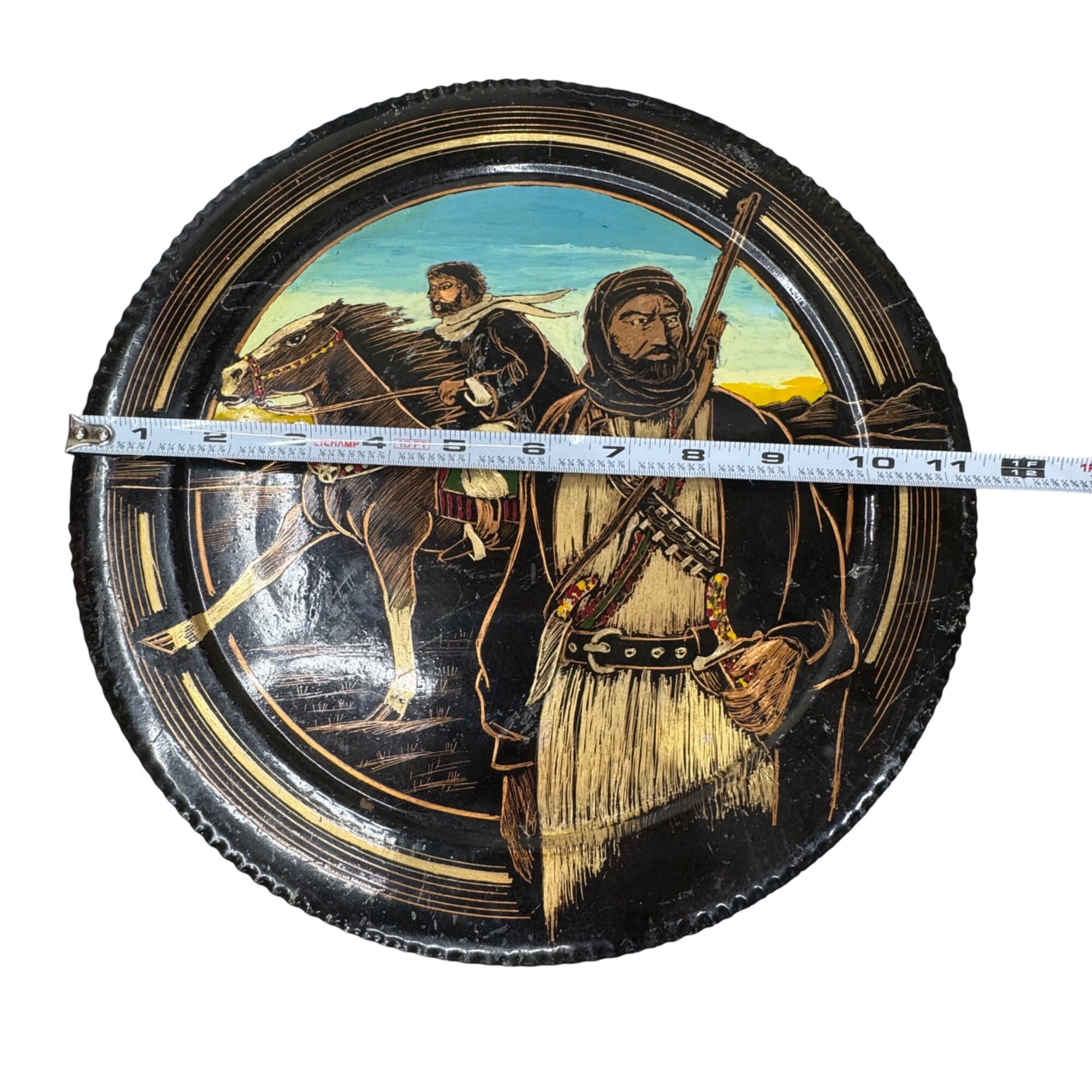 Middle Eastern Decorative Wall Plate Hand Hammered Painted Warrior & Horse 12"