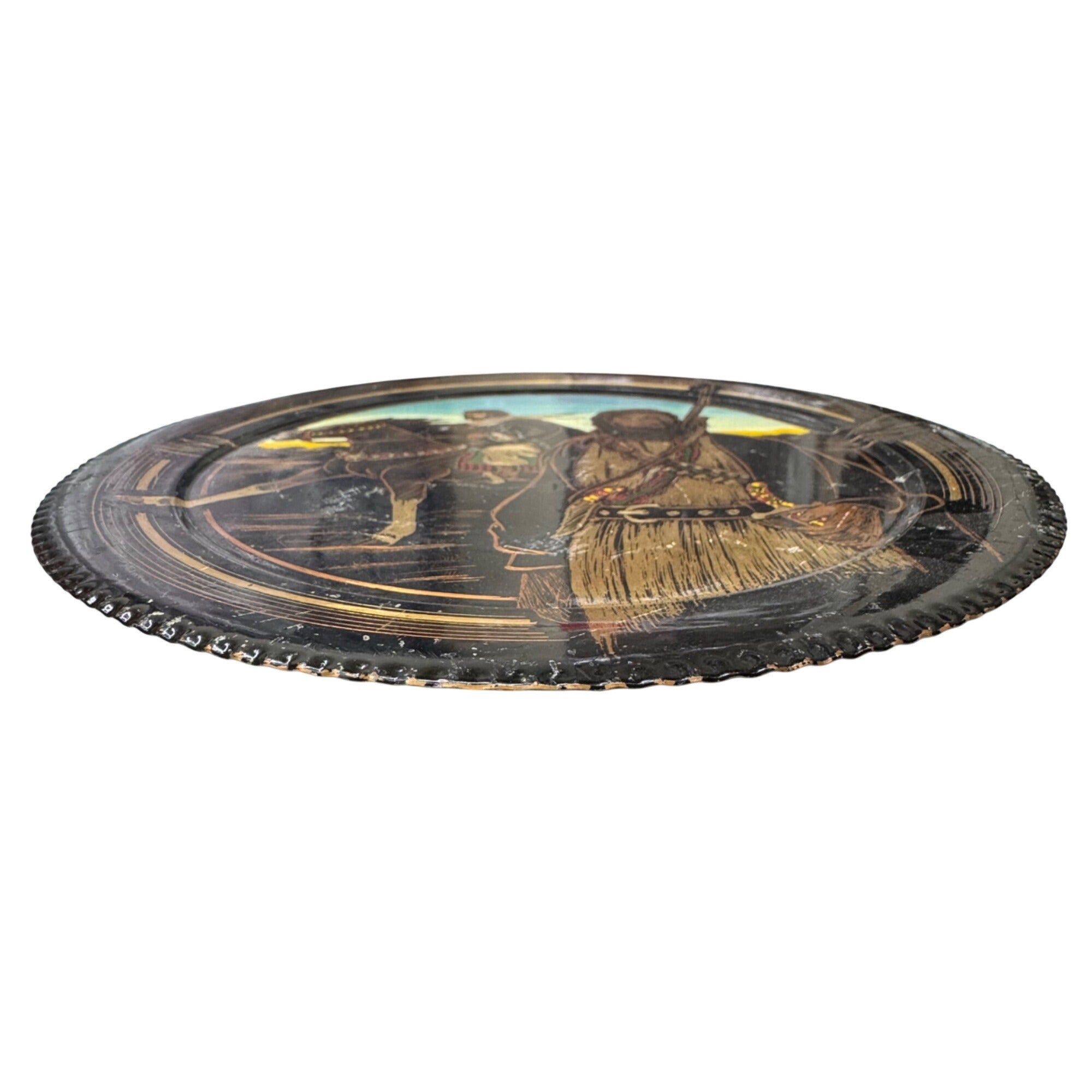 Middle Eastern Decorative Wall Plate Hand Hammered Painted Warrior & Horse 12"