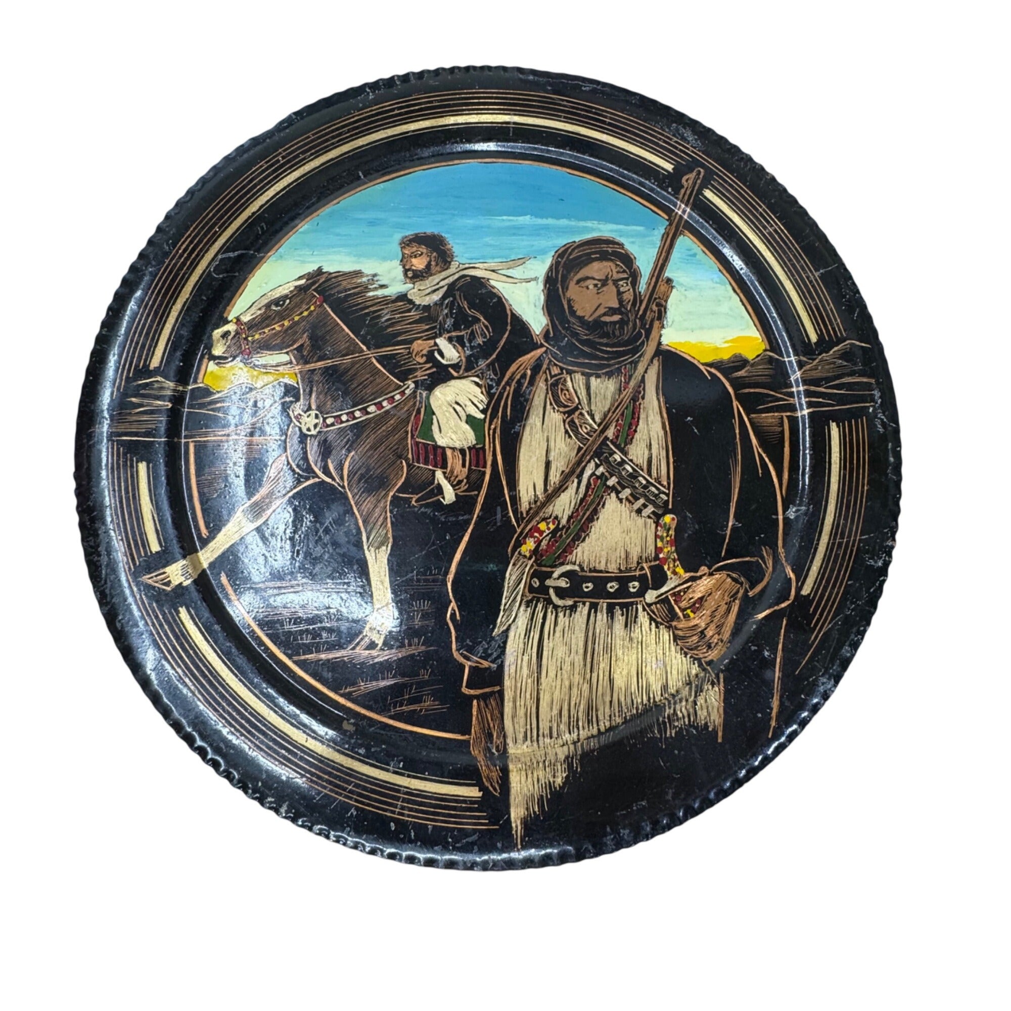 Middle Eastern Decorative Wall Plate Hand Hammered Painted Warrior & Horse 12"