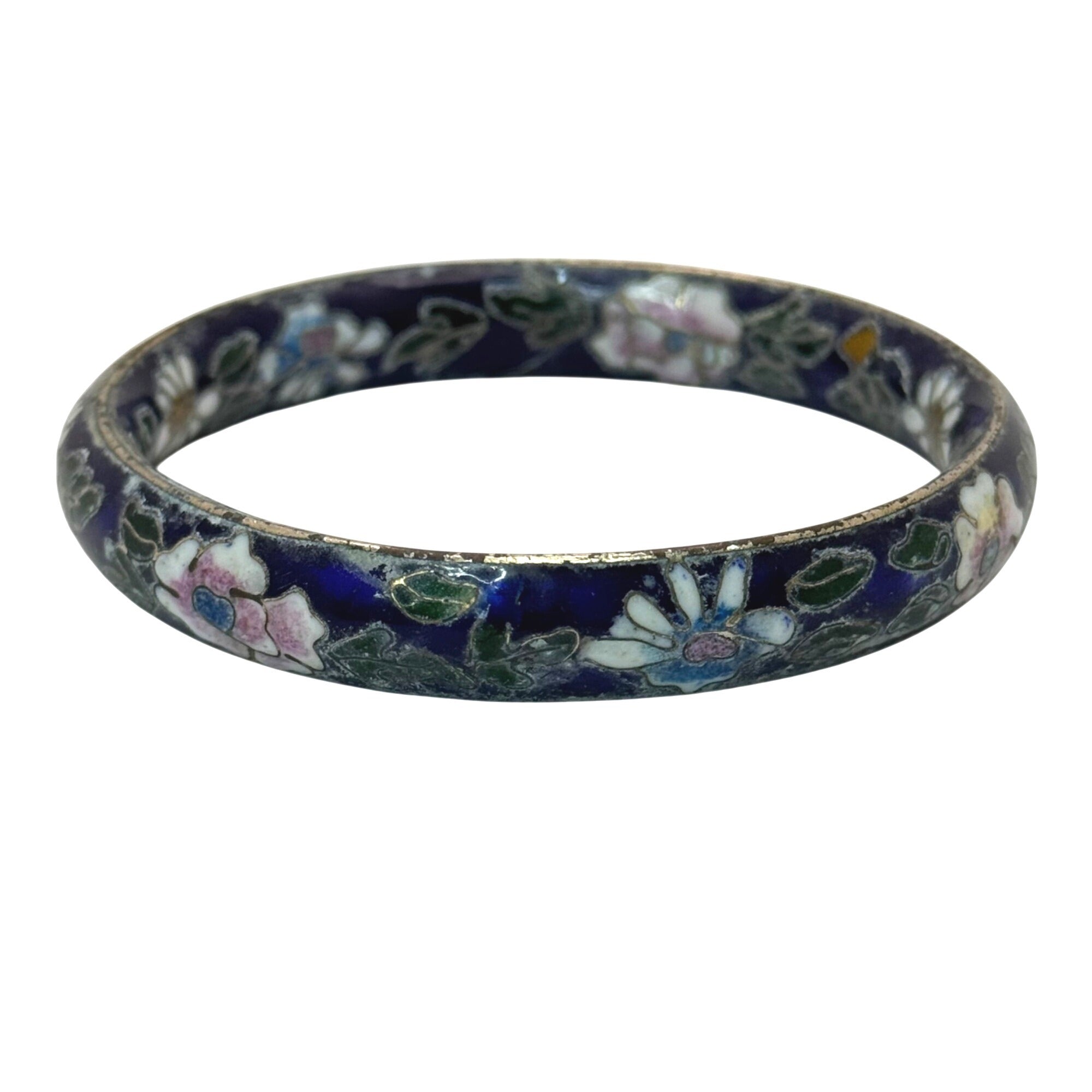 Vintage Cloisonné Enamel Floral Bangle Bracelet Wide Blue Pink Flowers 7.75"