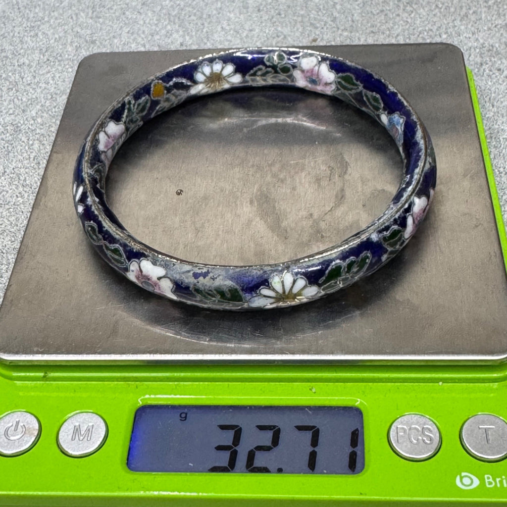 Vintage Cloisonné Enamel Floral Bangle Bracelet Wide Blue Pink Flowers 7.75"