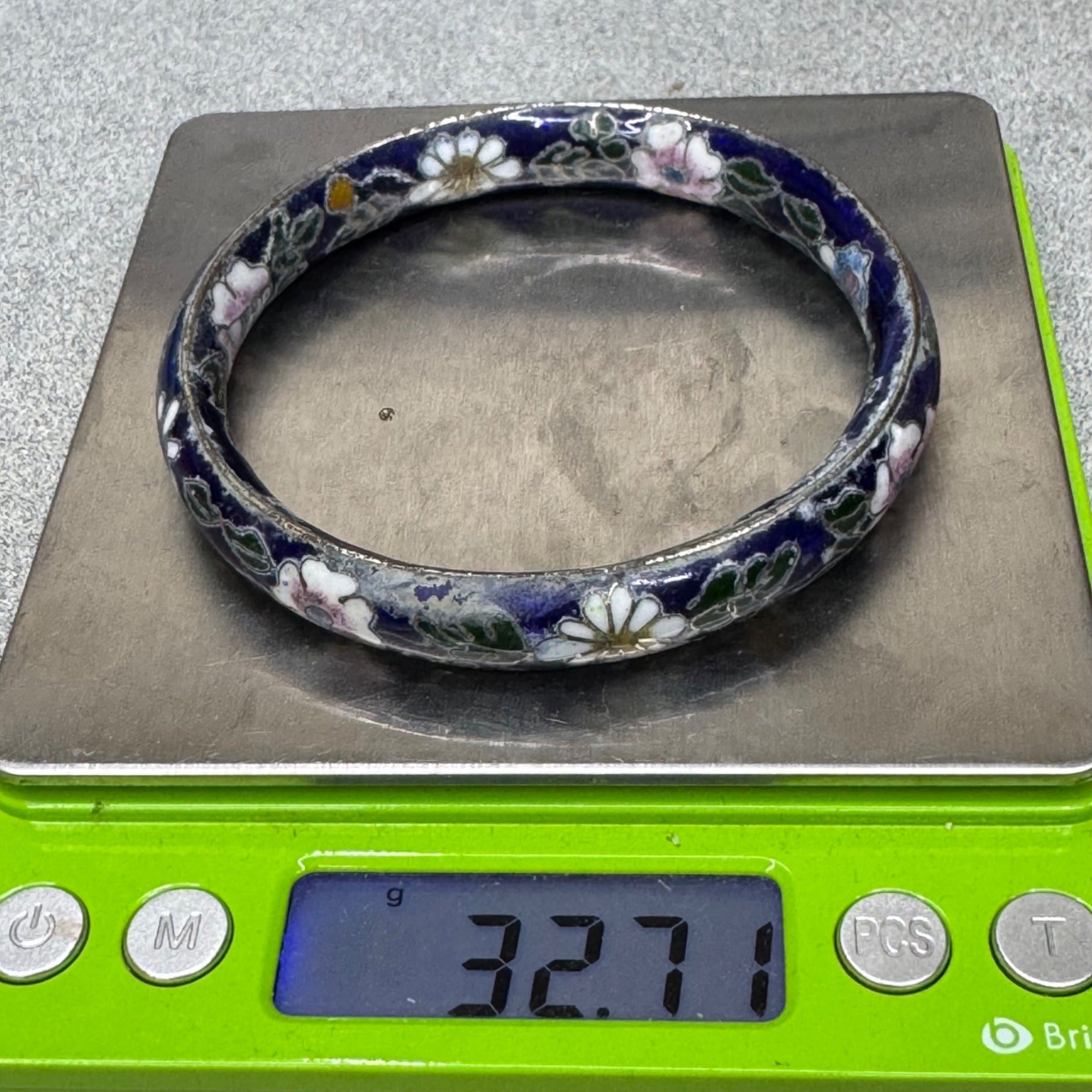 Vintage Cloisonné Enamel Floral Bangle Bracelet Wide Blue Pink Flowers 7.75"