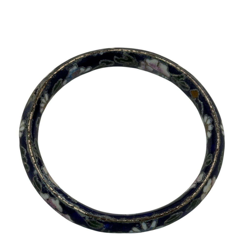 Vintage Cloisonné Enamel Floral Bangle Bracelet Wide Blue Pink Flowers 7.75"