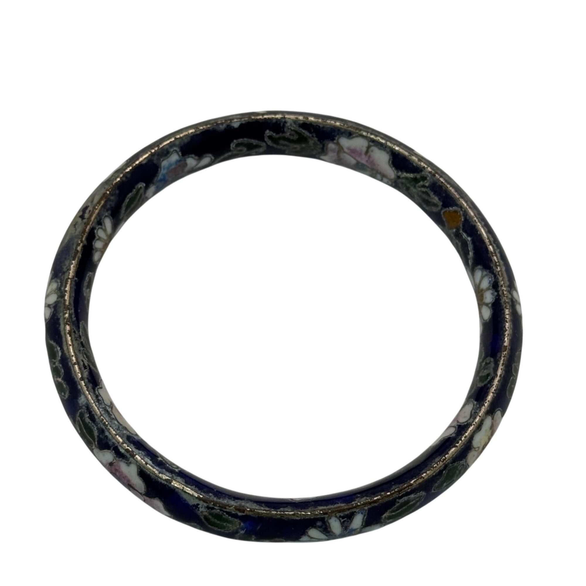 Vintage Cloisonné Enamel Floral Bangle Bracelet Wide Blue Pink Flowers 7.75"