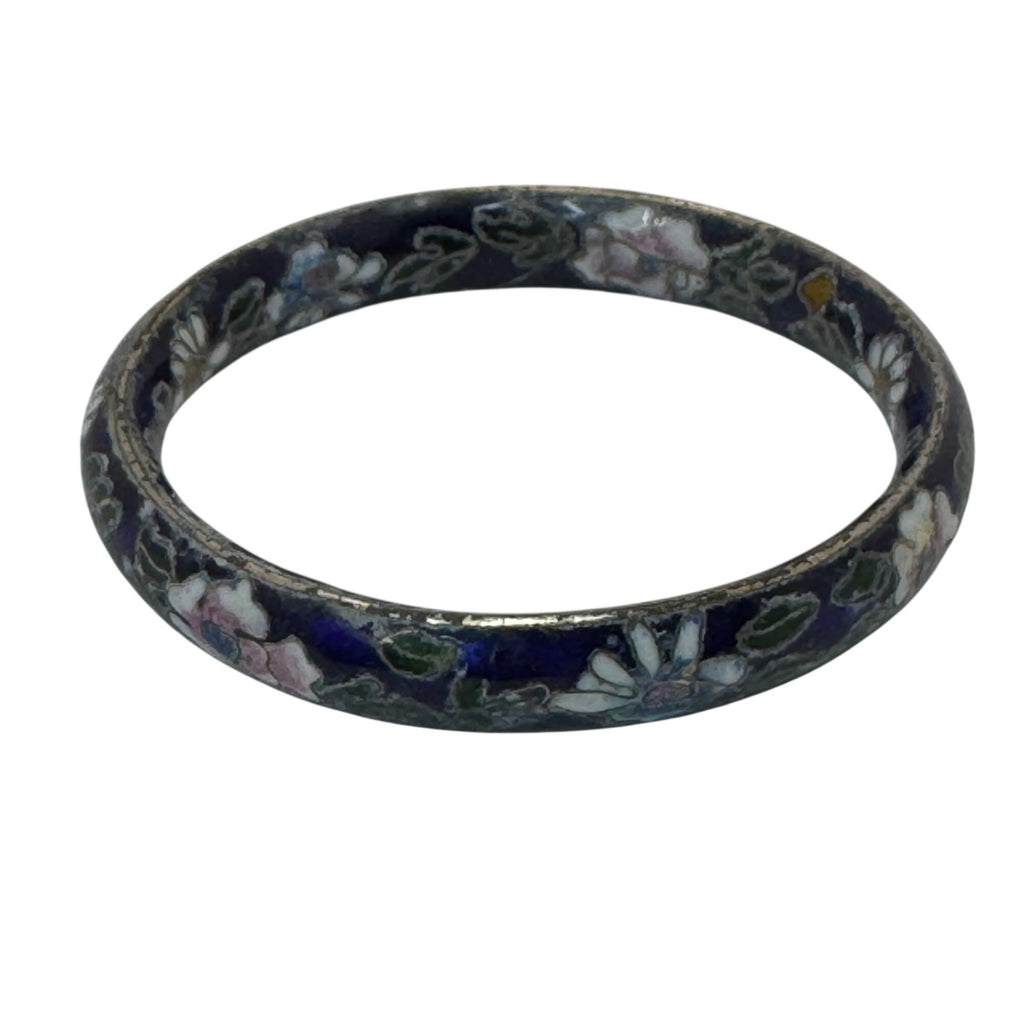 Vintage Cloisonné Enamel Floral Bangle Bracelet Wide Blue Pink Flowers 7.75"