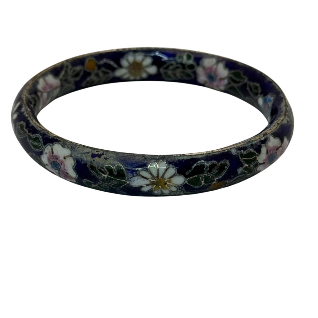 Vintage Cloisonné Enamel Floral Bangle Bracelet Wide Blue Pink Flowers 7.75"
