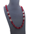 Vintage Ruby Red Clear Crystal Bead Necklace Hand Strung 24" Silk Sterling Clasp