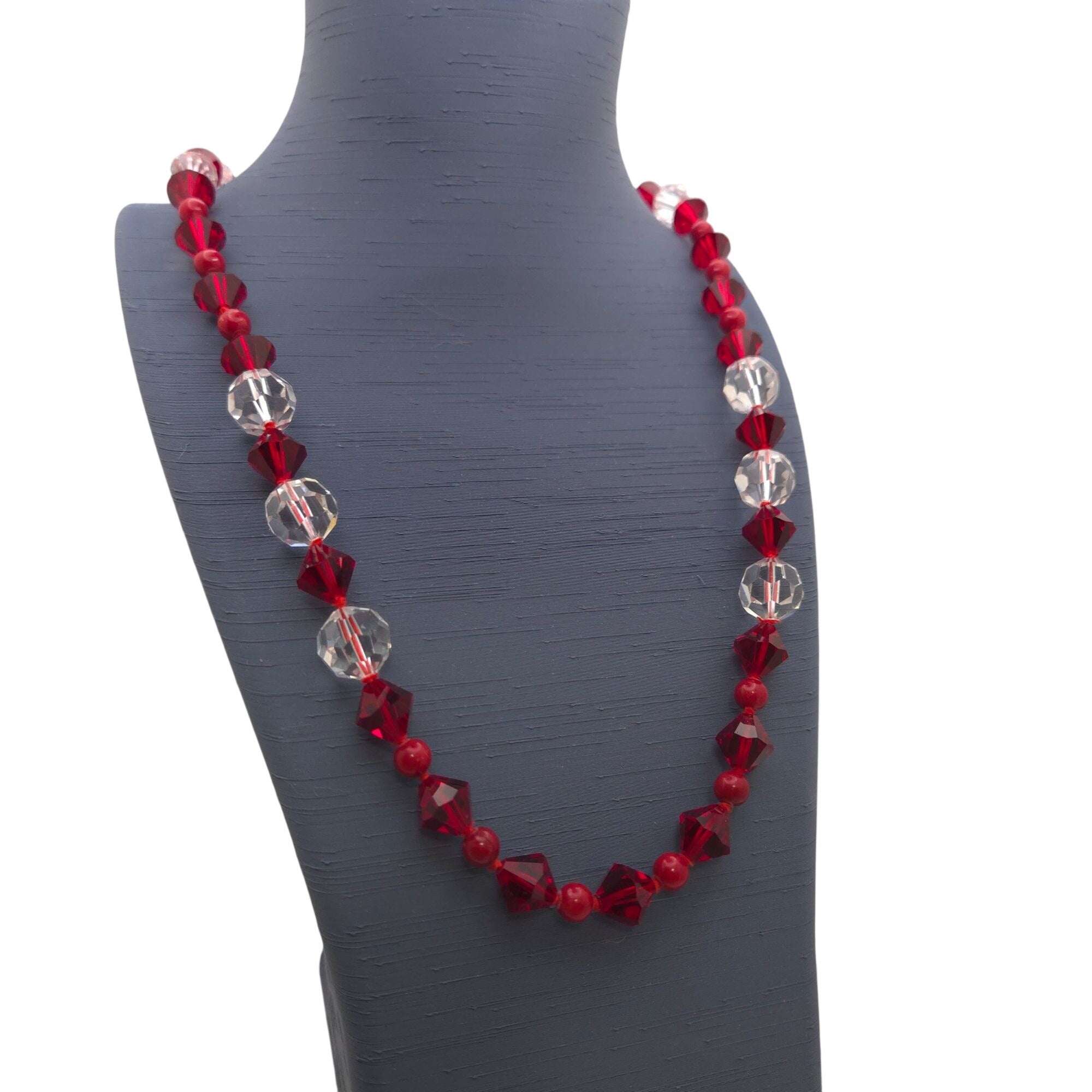 Vintage Ruby Red Clear Crystal Bead Necklace Hand Strung 24" Silk Sterling Clasp