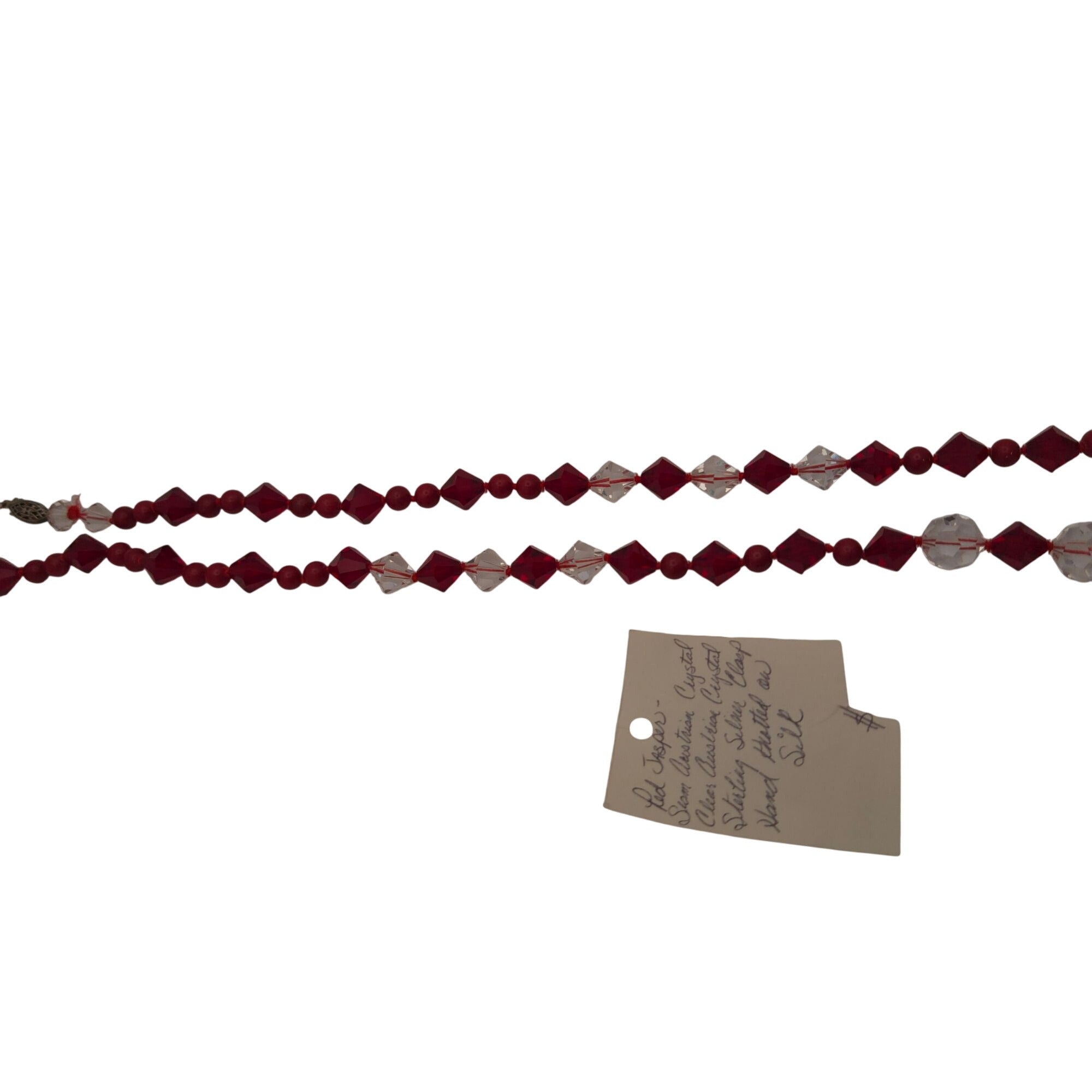 Vintage Ruby Red Clear Crystal Bead Necklace Hand Strung 24" Silk Sterling Clasp