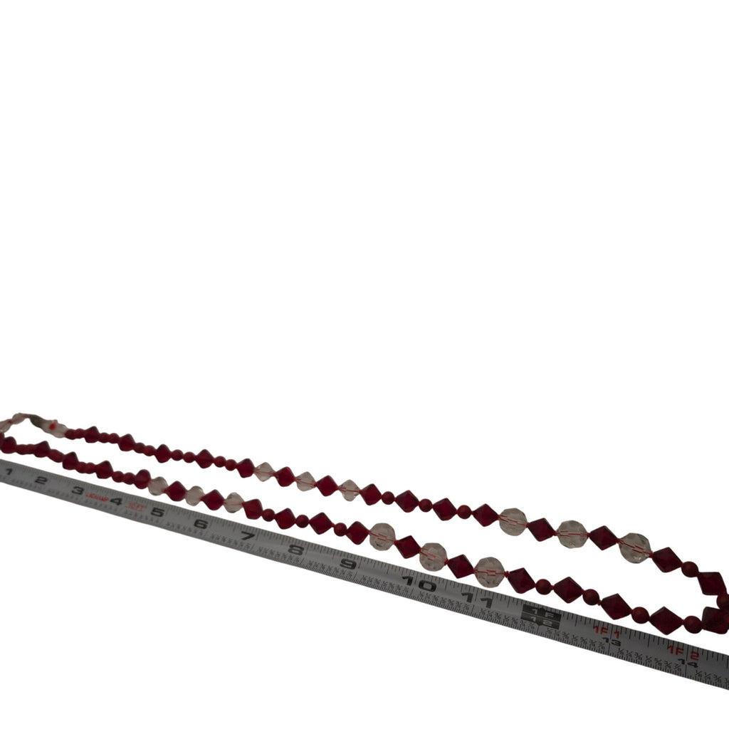 Vintage Ruby Red Clear Crystal Bead Necklace Hand Strung 24" Silk Sterling Clasp