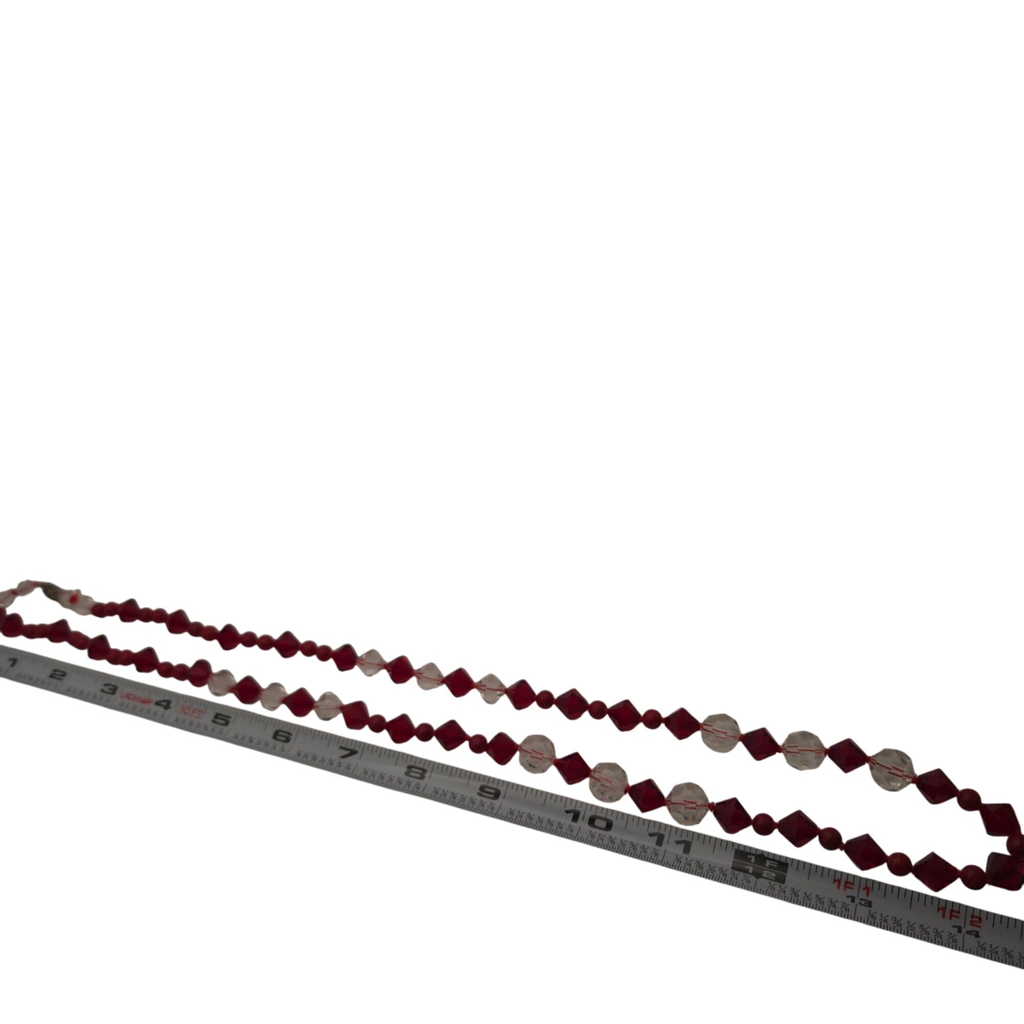Vintage Ruby Red Clear Crystal Bead Necklace Hand Strung 24" Silk Sterling Clasp