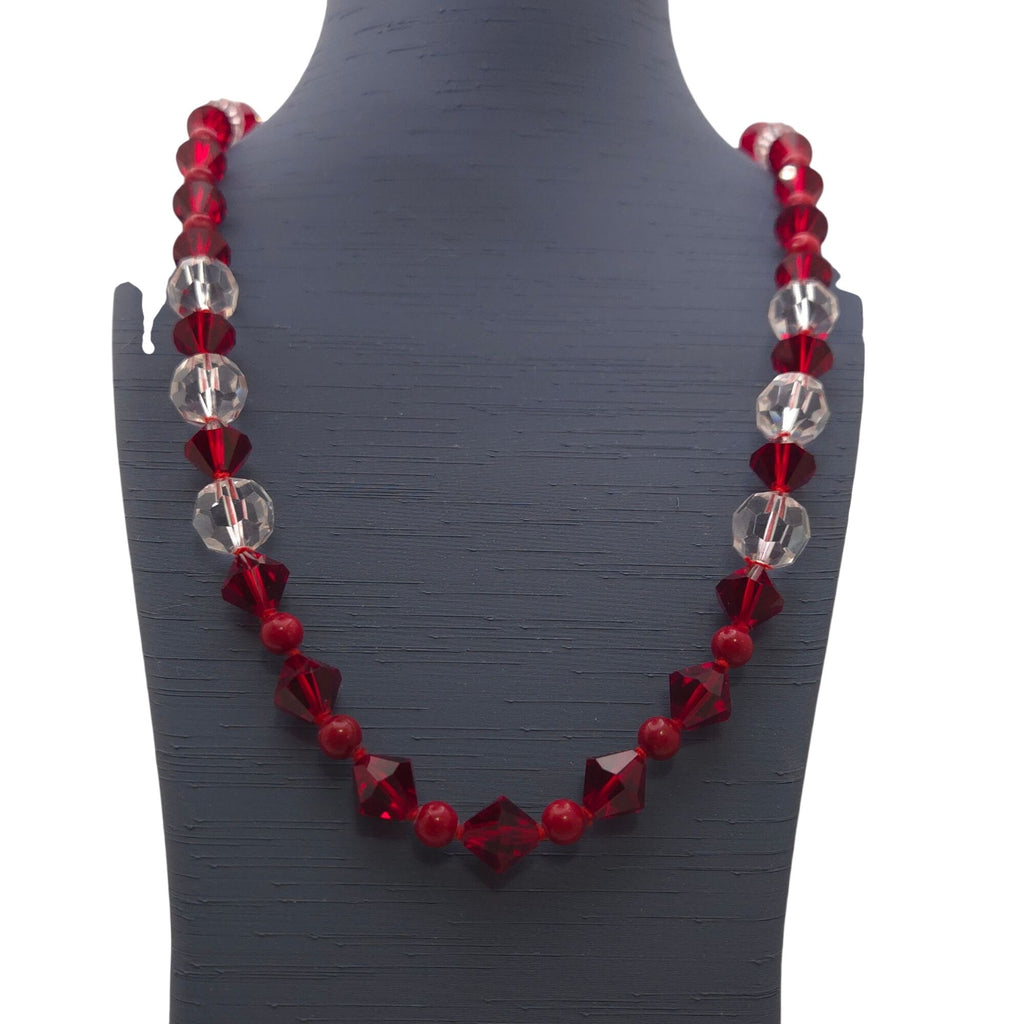Vintage Ruby Red Clear Crystal Bead Necklace Hand Strung 24" Silk Sterling Clasp